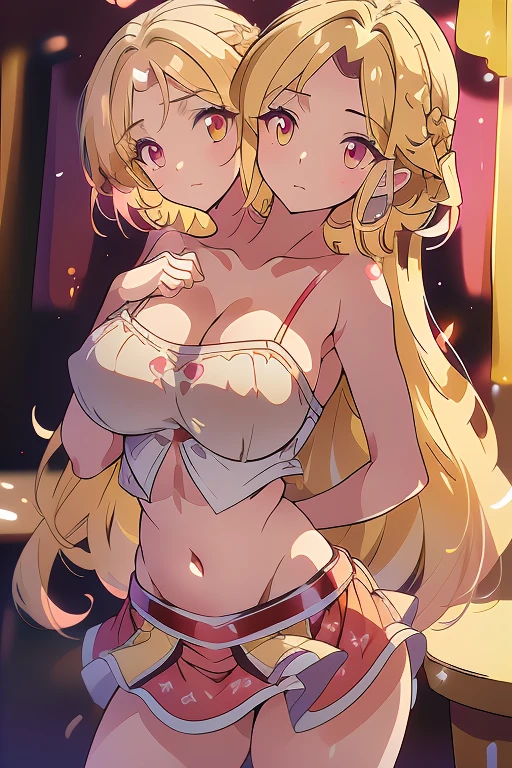 (masterpiece, best quality), best quality, best resolution, (ultra-detailed), (3heads:1.5), 1girl, (yuki:1.3), masterpiece, best quality, ultra quality, ultra resolution, ultra detail, dark red and pink top, crop top, ((stomach)), midriff, ((groin)), dark red and pink skirt, normal ears, shackles, blonde hair, very long hair, wavy hair, sidelocks, yellow eyes, parted lips, open belly, sweat, cute, toned belly, hand on own chest, eyelashes, (24 year old woman:1.3), (masterpiece:1.5), (best quality:1.5), (beautiful detailed), extremely detailed CG, extremely delicate and beautiful, depth of field, (finely detailed face), (perfect details:1.2), (mature female:1.3), wide pelvis, slender, large veiny breast, 16k resolution, highres, very high quality, very high definition, extremely detailed, masterpiece, best quality, blonde hair, long hair, alluring presence, braid, short skirt, close up, big tits, young, pink ribbon, girl with three heads, same hair color, blonde,