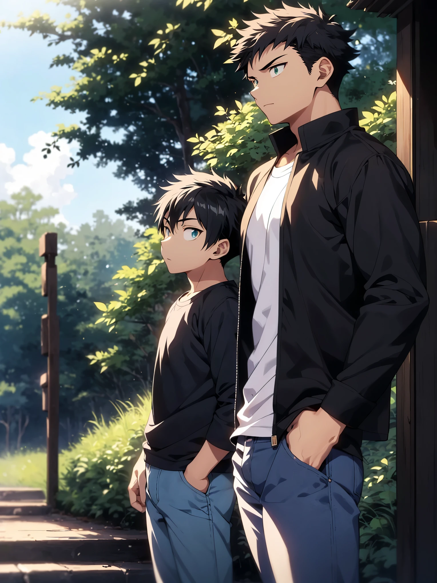 (detailed eyes),detailed skin,masterpiece,An anime-style image of a tall male character with short, spiky black hair, wearing a loose, long-sleeve shirt and jeans, standing next to a shorter boy with similar hair, who is looking up at the taller one with an attentive expression. The background includes green leaves and a softly lit outdoor setting.