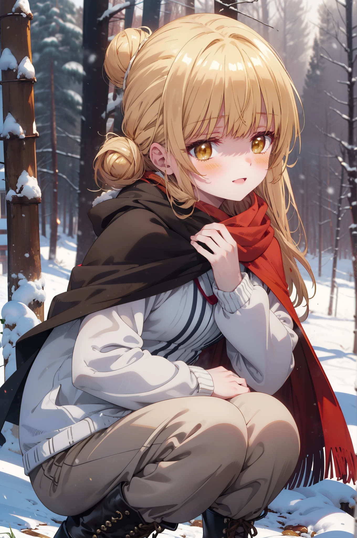 This is Mahirushiina, Mahiru shiina, blonde, (Brown eyes:1.7), Long Hair, happy smile, smile, Open your mouth,Hair Bun, single Hair Bun,blush,White Breath,
Open your mouth,snow,Ground bonfire, Outdoor, boots, snowing, From the side, wood, suitcase, Cape, Blurred, Increase your meals, forest, White handbag, nature, Squat, Mouth closed, フードed Cape, winter, Written boundary depth, Black shoes, red Cape break looking at viewer, Upper Body, whole body, break Outdoor, forest, nature, break (masterpiece:1.2), highest quality, High resolution, unity 8k wallpaper, (shape:0.8), (Beautiful and beautiful eyes:1.6), Highly detailed face, Perfect lighting, Extremely detailed CG, (Perfect hands, Perfect Anatomy),