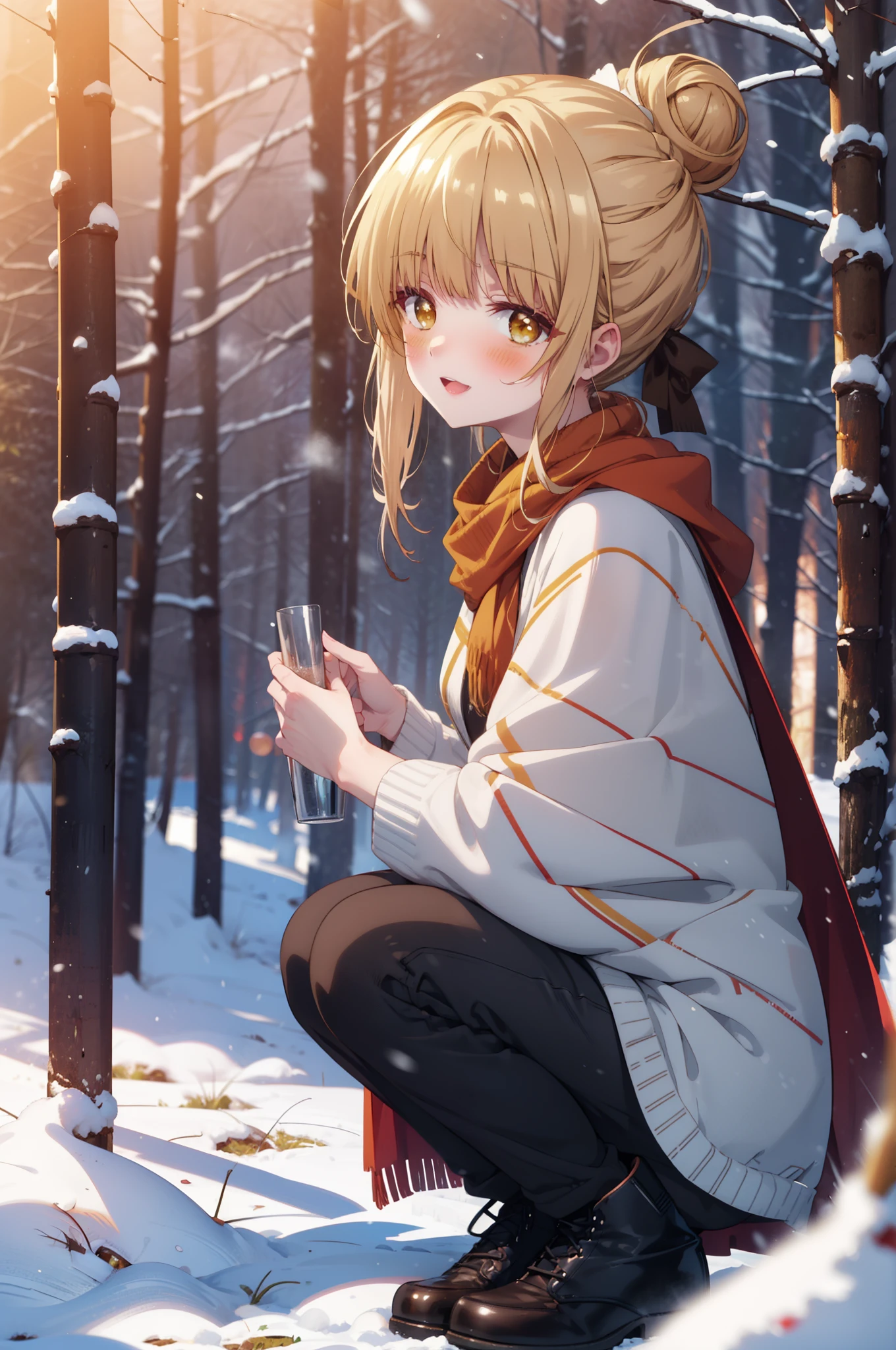 This is Mahirushiina, Mahiru shiina, blonde, (Brown eyes:1.7), Long Hair, happy smile, smile, Open your mouth,Hair Bun, single Hair Bun,blush,White Breath,
Open your mouth,snow,Ground bonfire, Outdoor, boots, snowing, From the side, wood, suitcase, Cape, Blurred, Increase your meals, forest, White handbag, nature,  Squat, Mouth closed, フードed Cape, winter, Written boundary depth, Black shoes, red Cape break looking at viewer, Upper Body, whole body, break Outdoor, forest, nature, break (masterpiece:1.2), highest quality, High resolution, unity 8k wallpaper, (shape:0.8), (Beautiful and beautiful eyes:1.6), Highly detailed face, Perfect lighting, Extremely detailed CG, (Perfect hands, Perfect Anatomy),