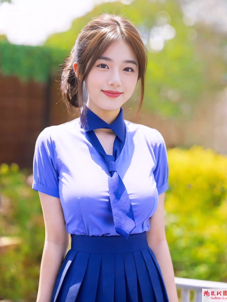 a beautiful 18-year-old korean girl,short light brown twin ponytail hair,serafuku uniform,tight moderately translucent shirt,large round breasts,slender curvy figure,beautiful detailed eyes,long eyelashes,double eyelids,elongated eyes,innocent smile,short red ribbon tie,short pleated skirt,school patio background,hands on neck,36-23-34 measurements,(best quality,4k,8k,highres,masterpiece:1.2),ultra-detailed,(realistic,photorealistic,photo-realistic:1.37),HDR,vivid colors,studio lighting