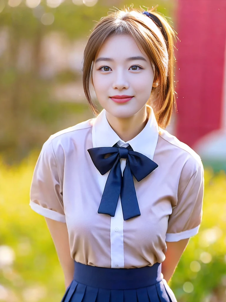 a beautiful 18-year-old korean girl,short light brown twin ponytail hair,serafuku uniform,tight moderately translucent shirt,large round breasts,slender curvy figure,beautiful detailed eyes,long eyelashes,double eyelids,elongated eyes,innocent smile,short red ribbon tie,short pleated skirt,school patio background,hands on neck,36-23-34 measurements,(best quality,4k,8k,highres,masterpiece:1.2),ultra-detailed,(realistic,photorealistic,photo-realistic:1.37),HDR,vivid colors,studio lighting