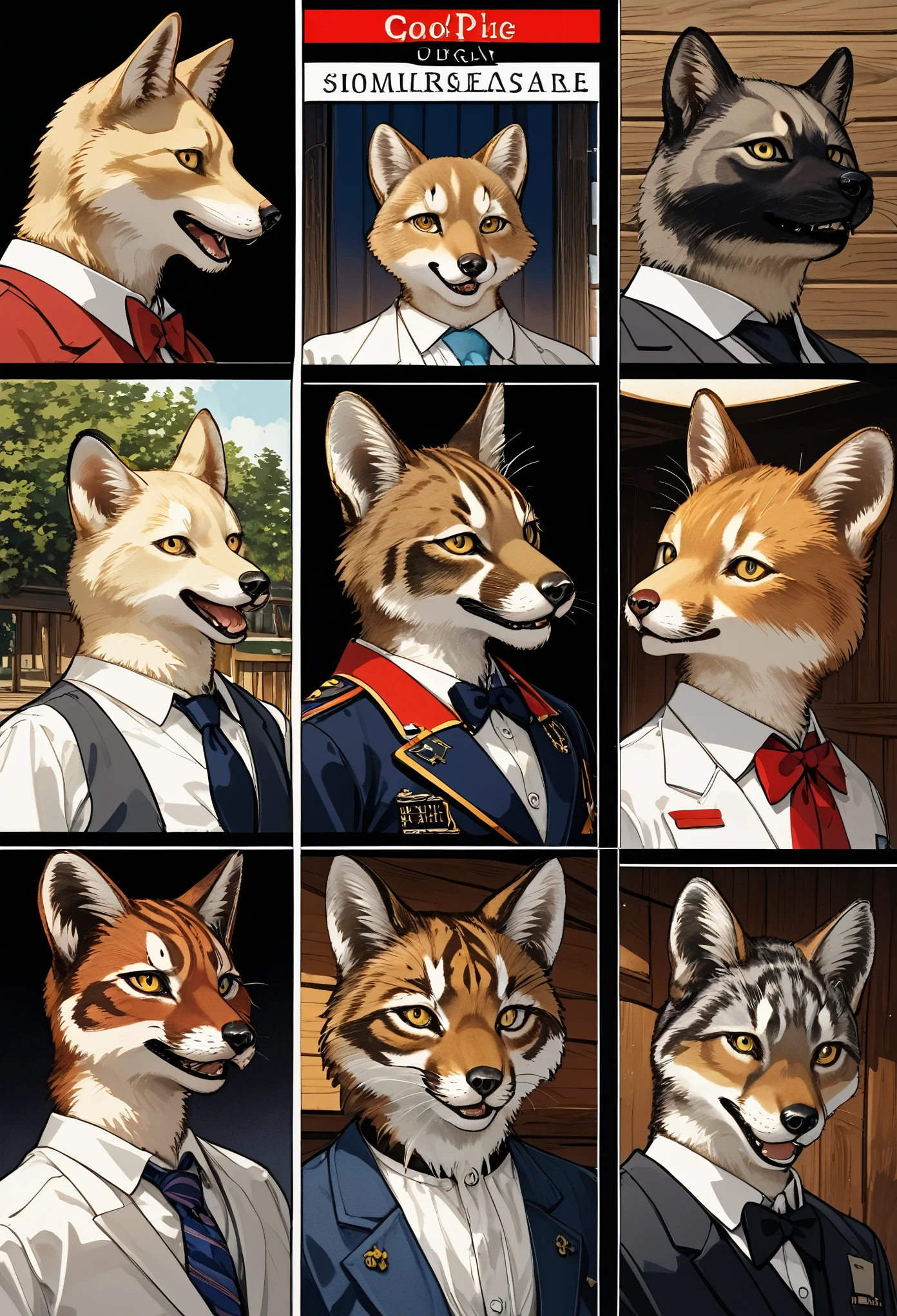 top quality, best quality, High-quality illustrations, masterpiece, super high resolution, detailed background, A lone sheriff standing at the entrance of a saloon, with a wooden sign swaying gently behind him, 6+boys, 6+girls, absurdres(highly detailed beautiful face and eyes)perfect anatomy, expression, good lighting, cinematic shadow(kemono, furry anthro)assorted poses, dynamic angle,