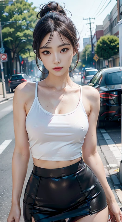 (Top quality),8K,(Masterpiece:1.3),(1 girl:1.3),(Medium breasts:1.3),Realistic,high resolution,Highly detailed face and skin texture,Realistic faces,Original photo,((Beautiful faces:1.5)),(Beautiful woman:1.4),Perfect body proportions,Whitens skin,Shiny skin,((Ultra-detailed face)),The attention to detail,Double eyelids,Eyeshadow strengthening,Eye of detail,Professional lighting,Cinematic lighting,Focus sharp,((Sporty style)),((Light, brightly colored clothing)),Brightly colored T-shirt,Short skirt,((Lively,Active,vivaciousness)),((Panties)),((Exposing thighs)),(Erotic:1.3),On the street