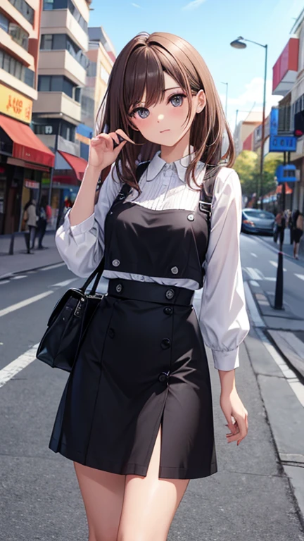 juego , Diosa de la Victoria NIKKE, Limpio , Light brown hair,  ojos seductores ,Hermoso face , ojos rojos cristalinos ,  pelo largo , top corto de manga larga para mujer, camisa con botones desabrochados, camisa color azul, Gray Plain Ribbed Knit Pencil Skirt ,viento autofoto, 1 bolso de mano, ojos alegres, ,Pecho de copa G, cintura delgada, muslos fascinantes, cinco dedos en cada mano, dos manos ,dos piernas , En la ciudad, fecha, de pie, Hermoso, tacones altos, luz, parque recreativo,