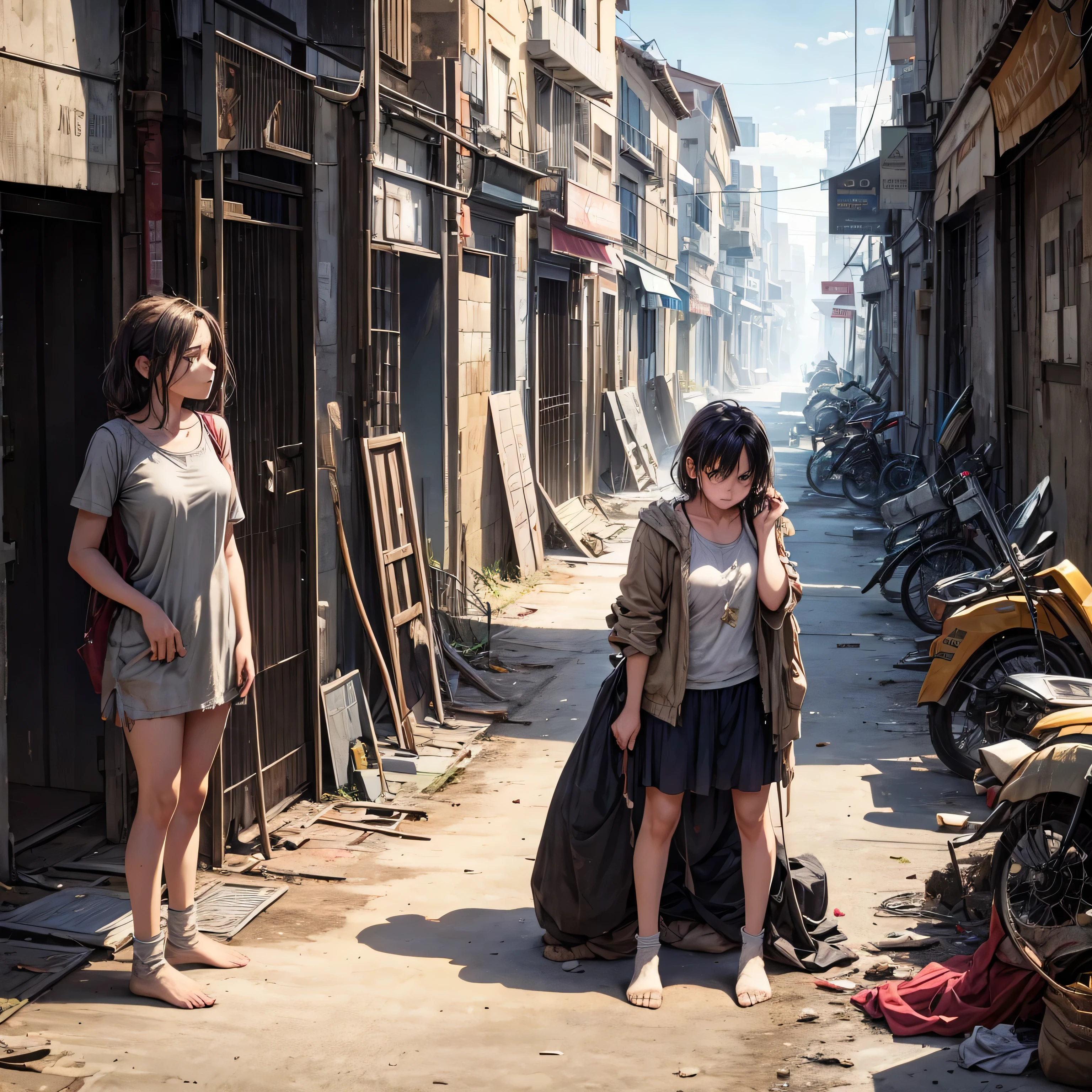 Images of a city in conflict, A distant shot of an unattractive young woman standing, Wearing worn out, dusty clothes, He has socks on but no shoes, ((There's a man peeking from the shadows)), masterpiece, High resolution, Masterpiece