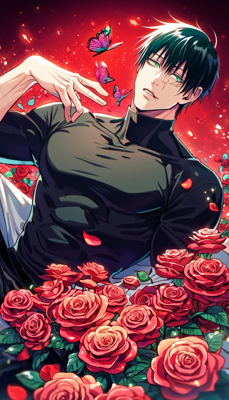 Ultra detailed, HDR, Highres, absurdres, master piece, Fushiguro Touji, black straight hair, expressive green eyes, Jujutsu Kaisen, red glittering butterflies, petals, fantasy, red flowers, sexy man, solo, extremely detailed face and eyes, handsome, glittering, toned chest, black coat, black tight shirt, scar on his right lip, black pants, sitting, red background