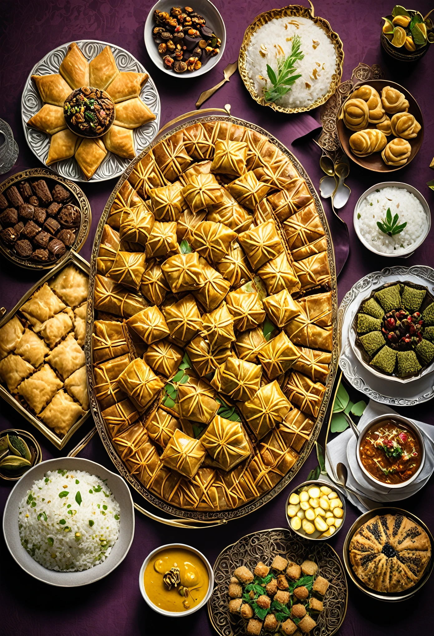 Illustrate a lavish spread of delicious Eid delicacies, including succulent lamb or goat dishes, aromatic rice, and an array of delectable sweets like baklava and ma'amoul.