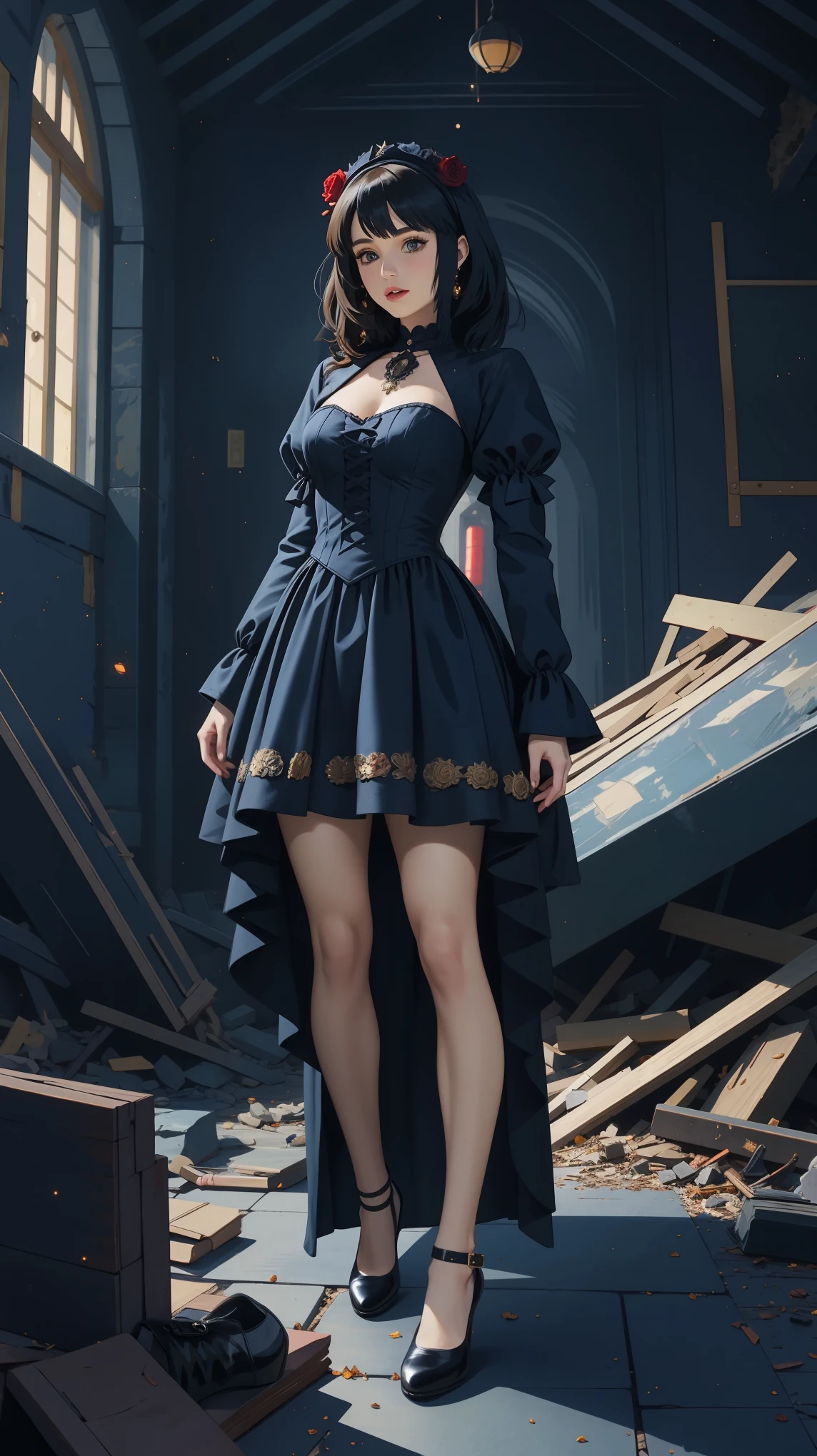 A woman, gothic lolita dress, glamorous gothic dress, detailed steampunk dress, fabric textures, black shoes, turned legs, (standing atop a pile of rubble), gothic style, deep blue tones, soft lighting, super detail, highest quality, (masterpiece, best quality:1.2)
