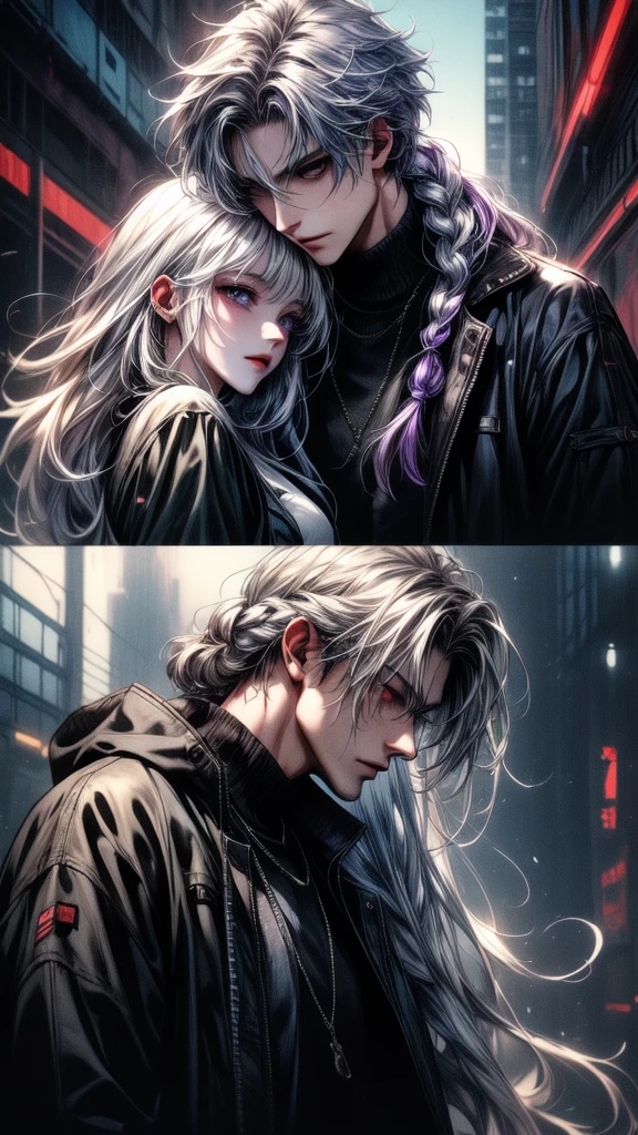 Disorganized、Man and woman couple、highest quality、Masterpiece、Official Art、16K、The best composition、The best light source、The girl has milky white hair with purple inner color, twin long braids, and black clothes in a cyberpunk style.、The man has milky white short hair and a cyberpunk look in white and light blue.、They are gazing at each other lovingly.、A kind smile、Reunion after a long time、Departure、