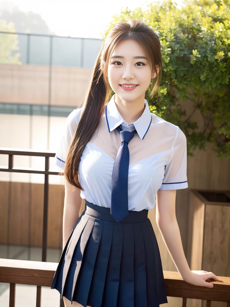 a beautiful 18-year-old korean lady,short light brown twin ponytail hair,serafuku uniform,tight moderately translucent shirt,large round breasts,slender curvy figure,beautiful detailed eyes,long eyelashes,double eyelids,elongated eyes,innocent smile,short red ribbon tie,short pleated skirt,school patio background,hands on neck,36-23-34 measurements,(best quality,4k,8k,highres,masterpiece:1.2),ultra-detailed,(realistic,photorealistic,photo-realistic:1.37),HDR,vivid colors,studio lighting