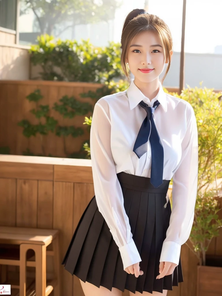 a beautiful 18-year-old korean lady,short light brown twin ponytail hair,serafuku uniform,tight moderately translucent shirt,large round breasts,slender curvy figure,beautiful detailed eyes,long eyelashes,double eyelids,elongated eyes,innocent smile,short red ribbon tie,short pleated skirt,school patio background,hands on neck,36-23-34 measurements,(best quality,4k,8k,highres,masterpiece:1.2),ultra-detailed,(realistic,photorealistic,photo-realistic:1.37),HDR,vivid colors,studio lighting