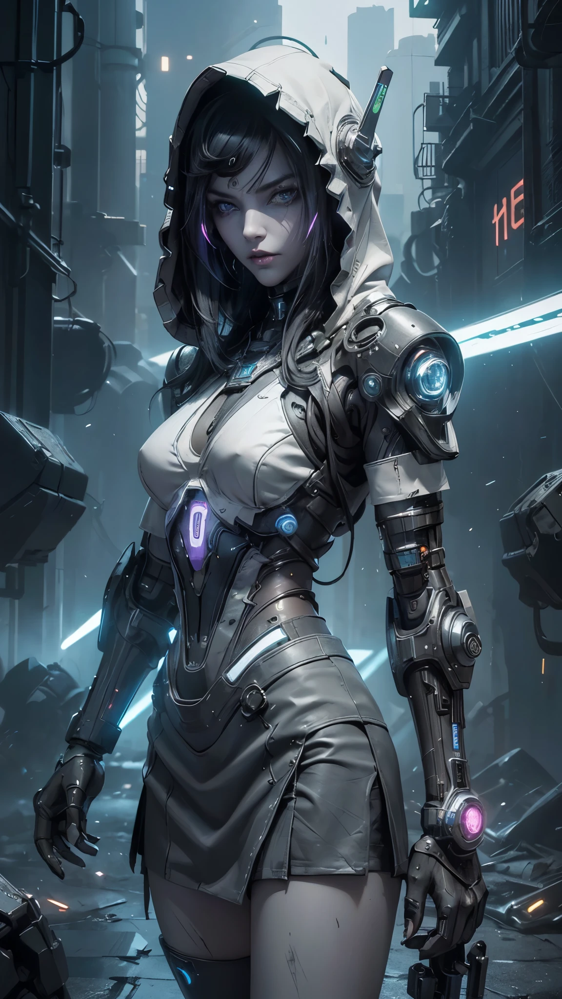 puntaje_9, puntaje_8_arriba, puntaje_7_arriba, puntaje_6_arriba, Classification_explicit, 1 chica, ((18 years:1.2)),,(Fondo de ruinas de mazmorra en ruinas cyberpunk :1.4 ), adulto, labios llenos, grandes ojos claros, ojos azul claro, ((pelo rubio:1)),(miniskirt white plisada colegiala :1.4), (cabello ondulado largo: 1.2), NSFW, 1 chica,(manos perfectas: 1.5) ,(Detalles de la cara: 1.5, ojos azules brillantes, hermoso rostro, ojos bonitos, Iris lining, labios delgados: 1.5, delgado, pale and sharp eyebrows, largo, dark eyelashes, double tabs), cuerpo completo, ciberpunk, mecha, mechanics, (Obra maestra: 1.4), (8K, realista, foto cruda, La mejor calidad: 1.4), Transparent nipple areola shape, Hermosos pechos, Chica japonesa, Hermosa cara linda, (Cara real: 1.4), Perfecto , hermoso peinado, Ojos azules realistas, Hermosos ojos de detalle, (piel real: 1.3), Piel hermosa, atractivo, cara enojada, ultra high resolution, ultra Realista, cinematic lighting, hair dyed white, Cabello largo, Cintas, Ruinas de la ciudad, mundo futurista,traje retrofuturista,cyborg,pelo blanco,una parte de la cara es robot,retrofuturistic colors, neon lights ,Postura de yoga,vista trasera, (colores brillantes), (cyborg samurai white cyber :1.4), (Cyber hood with dull and bright LEDs:1.4), Pale bright with LEDs,( cybernetic suit made of gray carbon materia:1.4) 