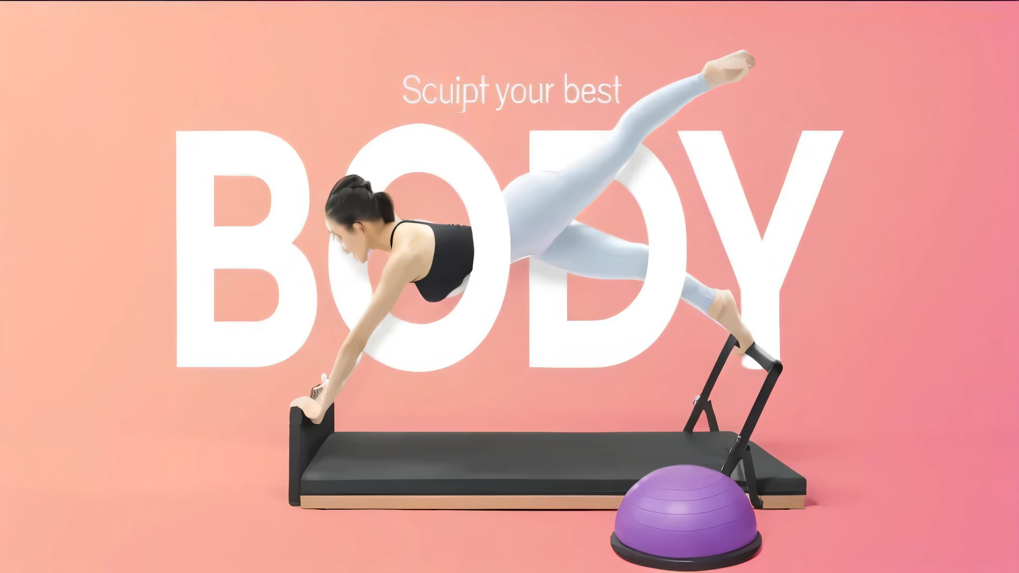 A fit woman exercising on a sleek fitness machine, wearing a black tank top and light blue leggings, performing a balancing pose with one leg raised, pink background with large white letters spelling "BODY", and a purple half-dome exercise ball on the side.