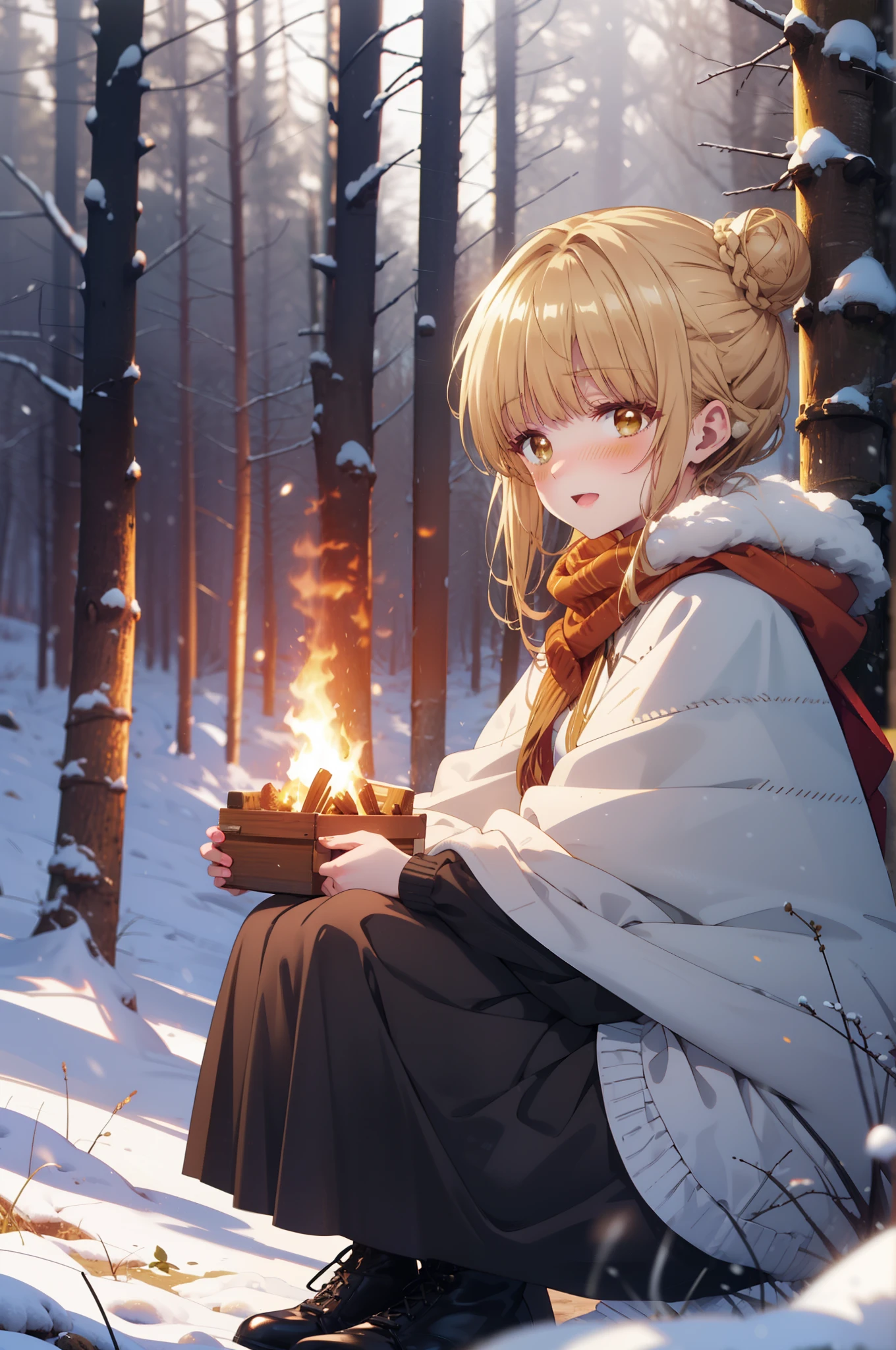 This is Mahirushiina, Mahiru shiina, blonde, (Brown eyes:1.7), Long Hair, happy smile, smile, Open your mouth,Hair Bun, single Hair Bun,blush,White Breath,
Open your mouth,snow,Ground bonfire, Outdoor, boots, snowing, From the side, wood, suitcase, Cape, Blurred, Increase your meals, forest, White handbag, nature,  Squat, Mouth closed, フードed Cape, winter, Written boundary depth, Black shoes, red Cape break looking at viewer, Upper Body, whole body, break Outdoor, forest, nature, break (masterpiece:1.2), highest quality, High resolution, unity 8k wallpaper, (shape:0.8), (Beautiful and beautiful eyes:1.6), Highly detailed face, Perfect lighting, Extremely detailed CG, (Perfect hands, Perfect Anatomy),