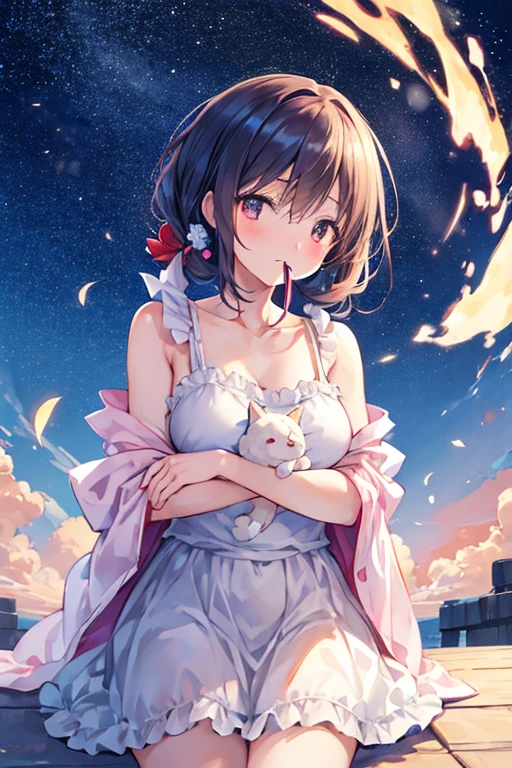 (Cinematic Digital Artwork: 1.3), High quality, masutepiece, of the highest quality, Super Detail, Illustration, [4K Digital Art]!!、 Kyoto Animation Style, One Woman, Clavicle beauty, clavicle, light, wanting, Blue sky, positive, challenge, motivation, brilliance, Dynamic perspective、Mofumofu、cuddling、Hold the mofu in your mouth、kawaii、red blush、oxytocin