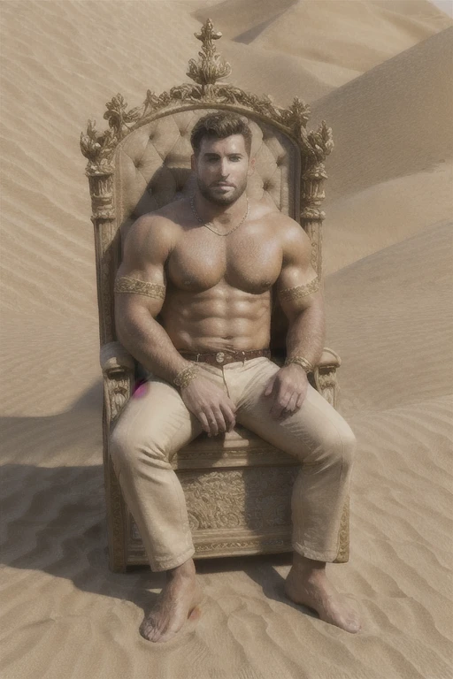 Full Body photorealistic handsome Hunky Prince of Sandy Sand, wearing cream, beige and brown . Sitting on an elegant throne, sand dunes as background