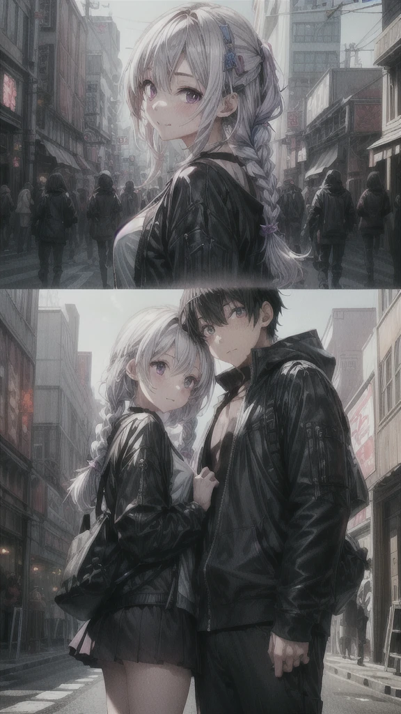 Disorganized、Man and woman couple、highest quality、Masterpiece、Official Art、16K、The best composition、The best light source、The girl has milky white hair with purple inner color, twin long braids, and black clothes in a cyberpunk style.、The man has milky white short hair and a cyberpunk look in white and light blue.、They are gazing at each other lovingly.、A kind smile、Reunion after a long time、Departure、
