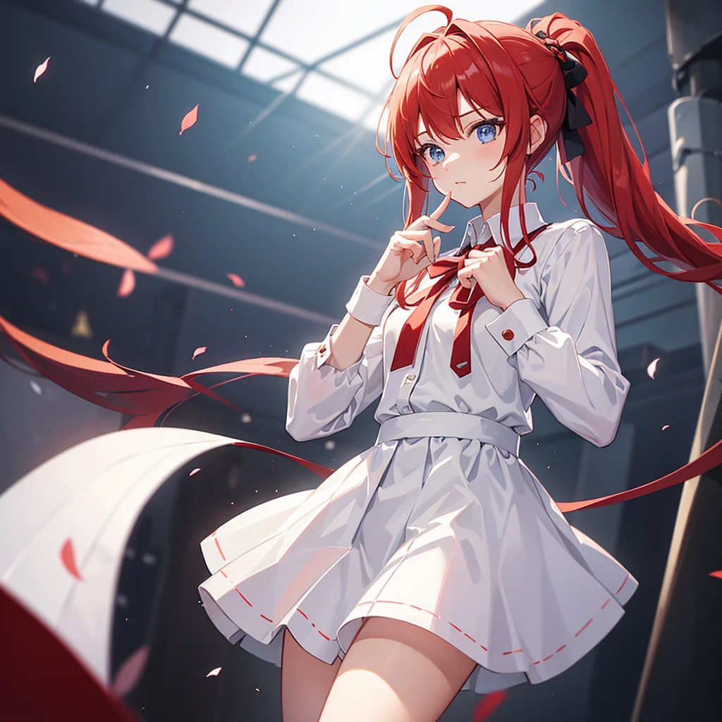 1girl, solo,Ponytail,Red Hair,MASHIROIRO SYMPHONY, INUI SANA,Showing the panties,masterpiece,best quality,highres,ultra-detailed,inui sana,blue eyes,long hair,red hair,high ponytail,ahoge,braid,hair between eyes,bangs,hair bow,neck ribbon,long sleeves,white jacket,collared shirt,juliet sleeves,white skirt,(black socks:1.2)