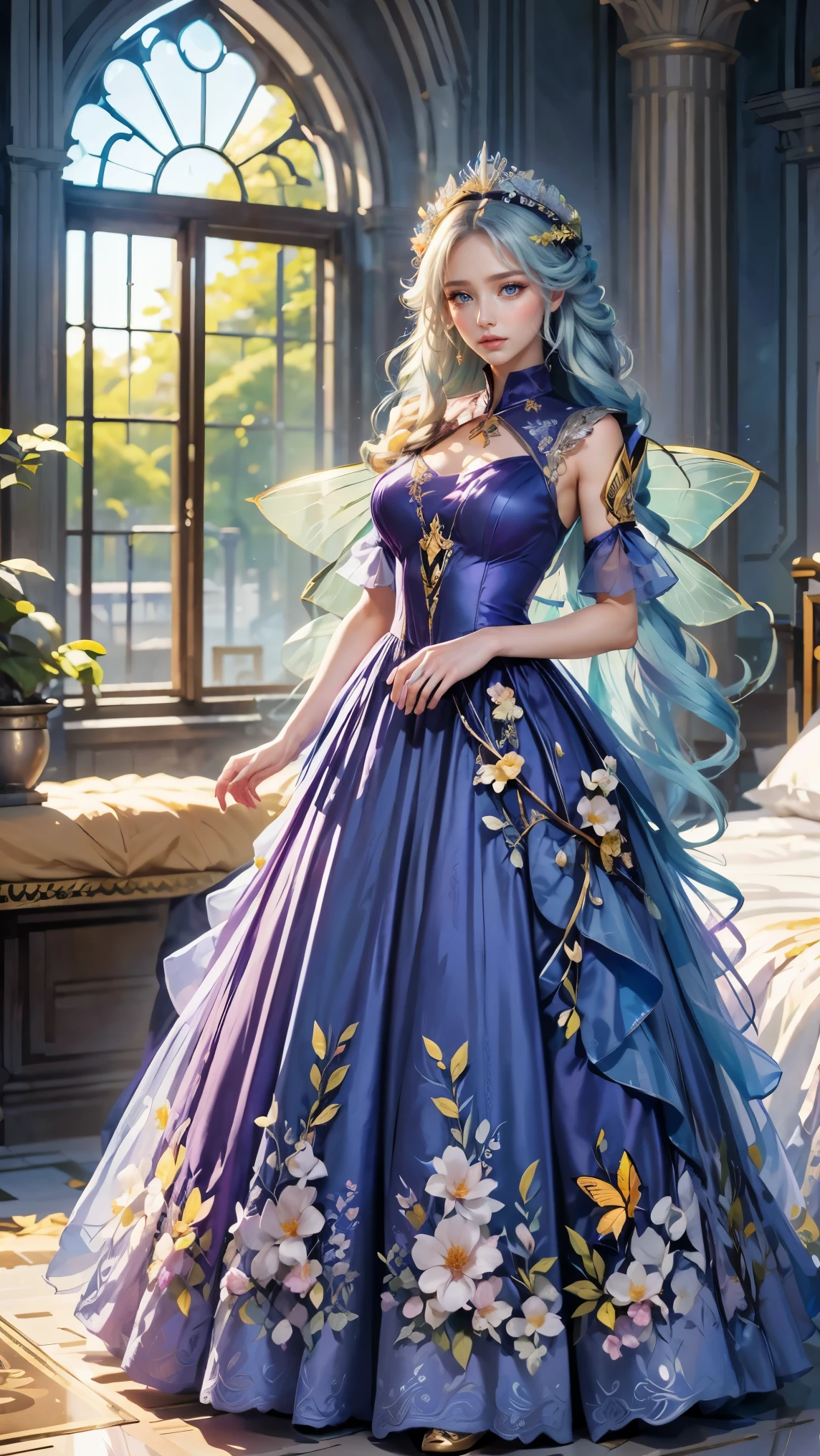 Best quality, masterpiece, ultra high res, raw photo, beautiful and aesthetic, deep shadow, fairy theme,(ultra detailed:1.3),
1girl, standing pose, flower headdress, drill hair, long hair, blonde hair, gradient hair, yellow eyes, solo, huge breasts, big hair, blue hair, divine goddess, looking at viewer, indoors, queen bedroom, empress bed, room full of curtain, astraea, full body, purple dress, fairy dress, transparant dress,