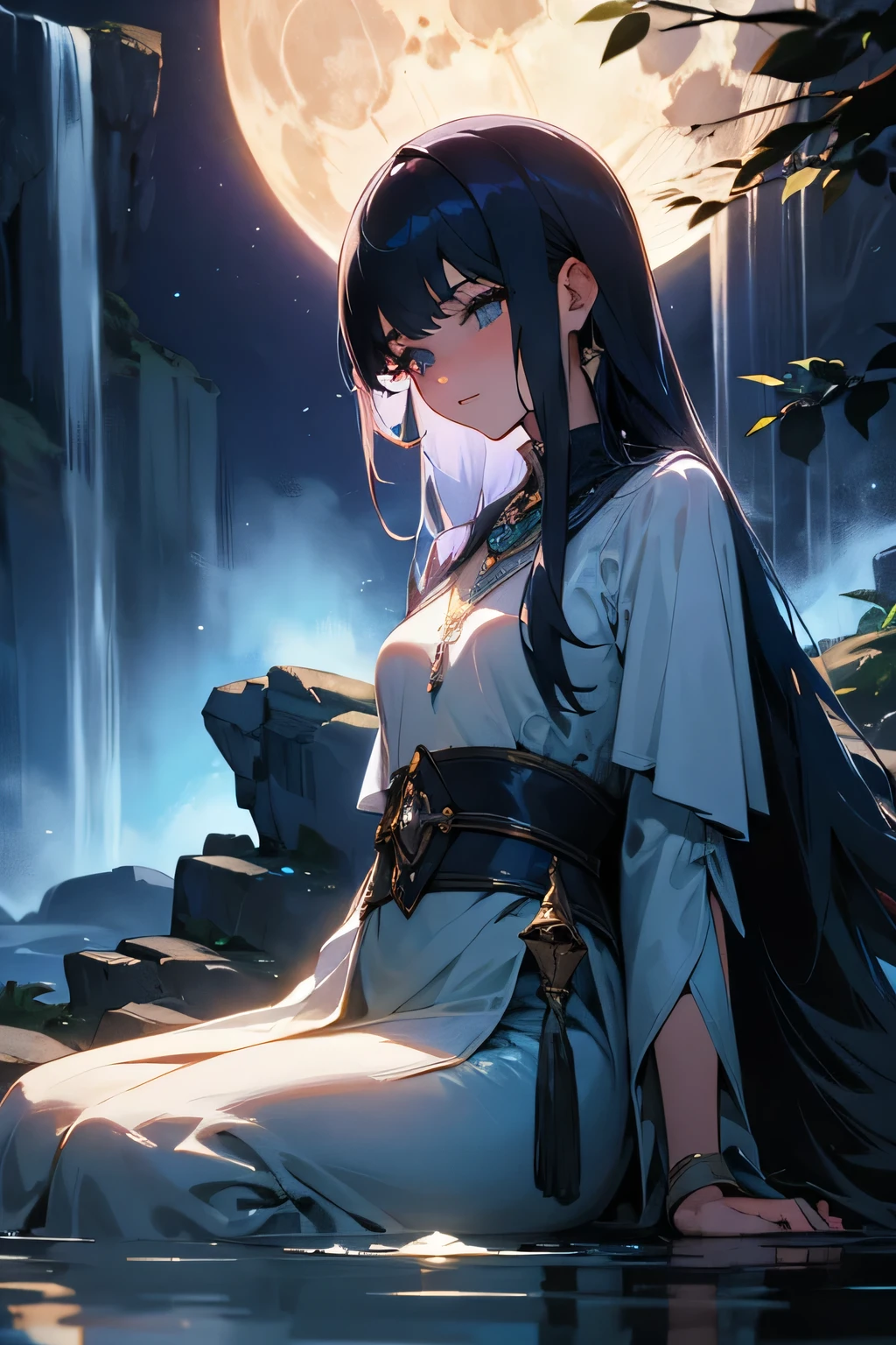 masterpiece, top quality, super detailed, high resolution, (ink painting style), excellent anatomy, 1 beautiful woman, ((sitting near a waterfall on a full moon night)), magical crystal world, sparkling glittering glowing particles in the air, soft bluish glow, (4k, 8k), detailed eyes, detailed lips, extremely detailed face, long eyelashes, fantasy, ethereal, cinematic lighting, vivid colors, intricate details, serene atmosphere, best light, best shadow, mysterious, perfect face, highly detailed,