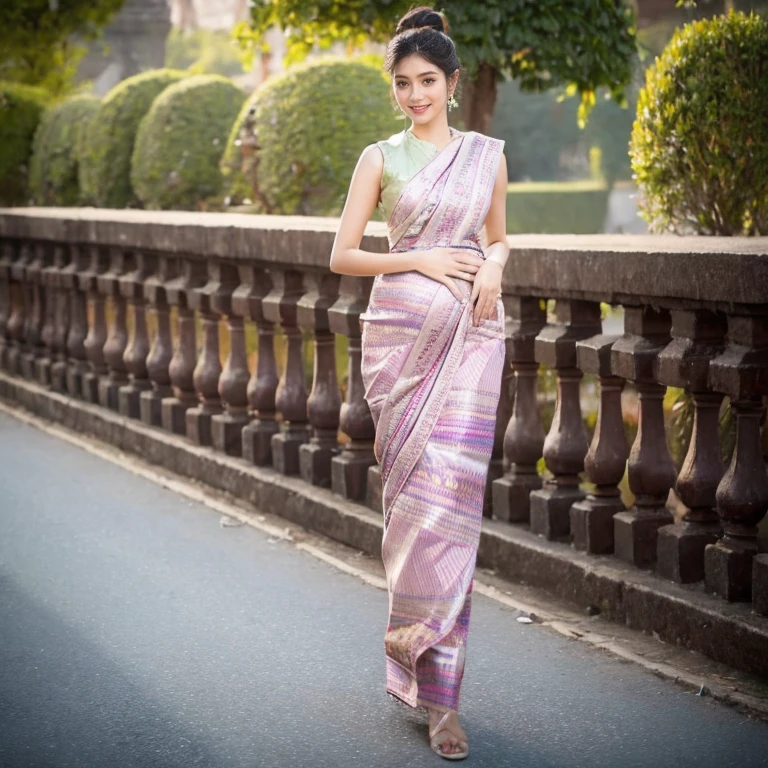 (goddess-like happiness:1.2), Burmese style, skinny, floating hairs, Indian traditional dress, Indian sari, (RAW photo:1.2), (photorealistic:1.4), (masterpiece:1.3), (intricate details:1.2), A glamorous Indian beauty walks confidently and elegantly down an old streets of Burmesei, and when she reaches the end of a footbridge, she stops and strikes a pose to show off her outfit from all angles. Heavily pregnant huge pregnant belly
