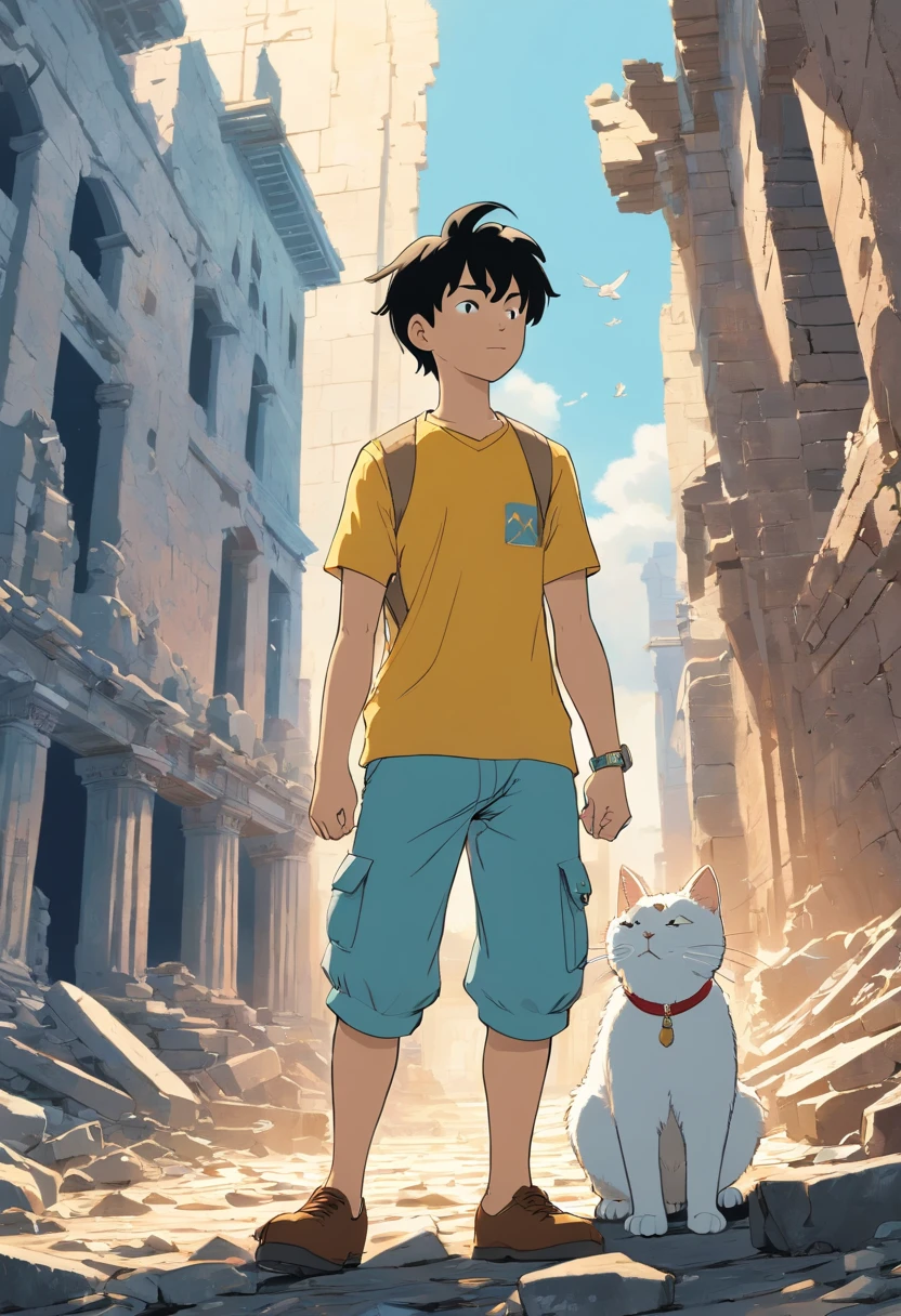Tintin, male, black hair, herge, european comics, heroic pose, Indonesian ruins, with white cat
