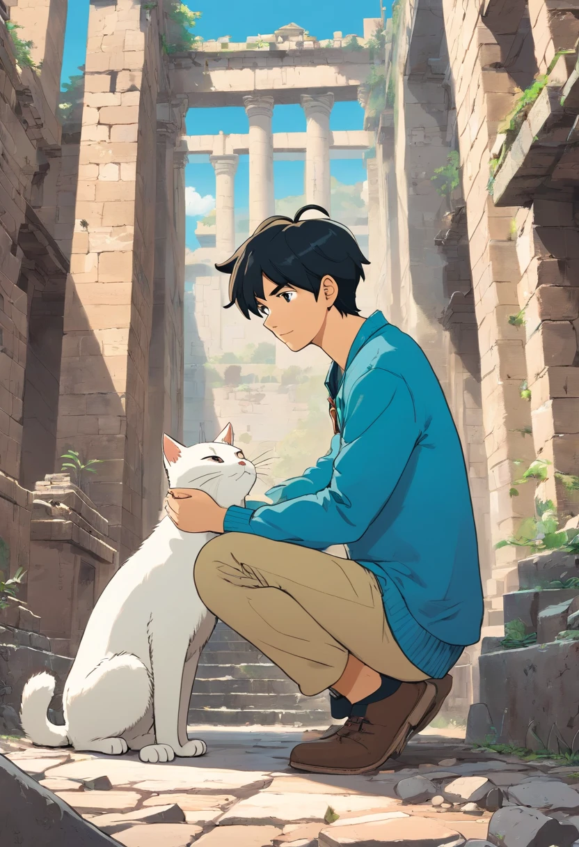 Tintin, male, black hair, herge, european comics, heroic pose, Indonesian ruins, with white cat