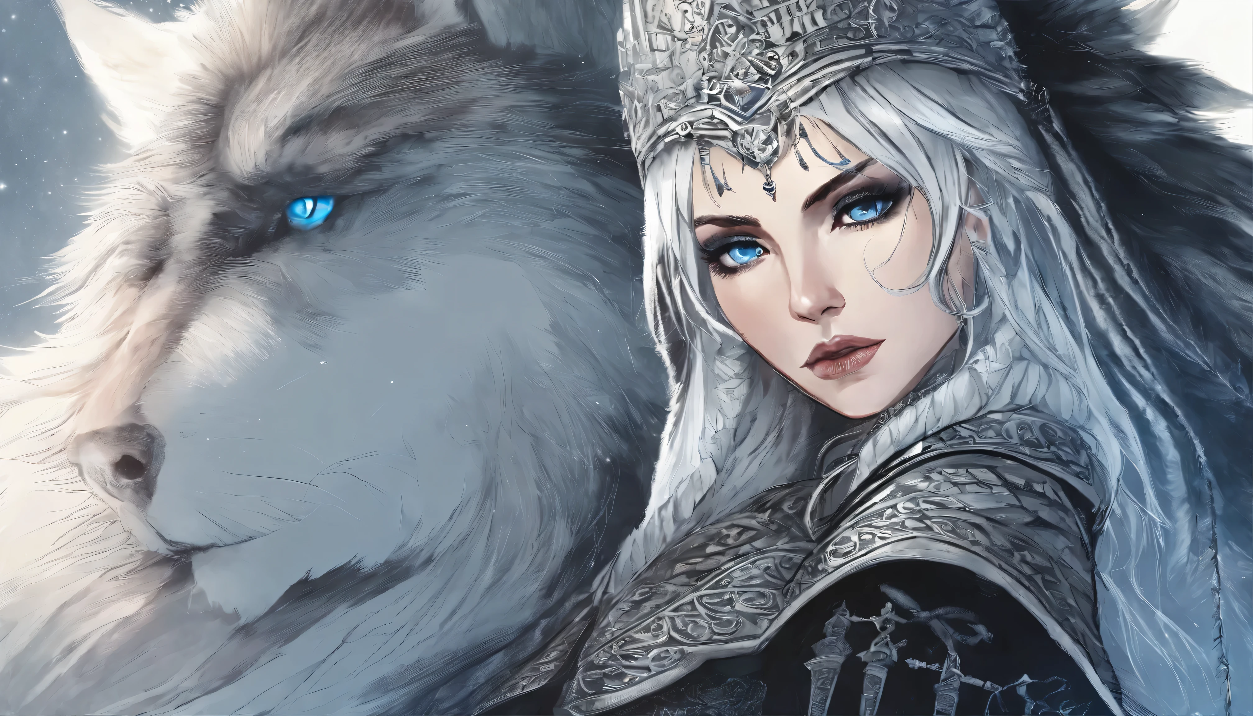 Beautiful woman, Viking warrior, Fur cloak, Fur hat, White Hair, Braided hairstyle、blue eyes、 (close, Portrait Shot), (alone), Realistic, Depth of written boundary、There are three wolves behind