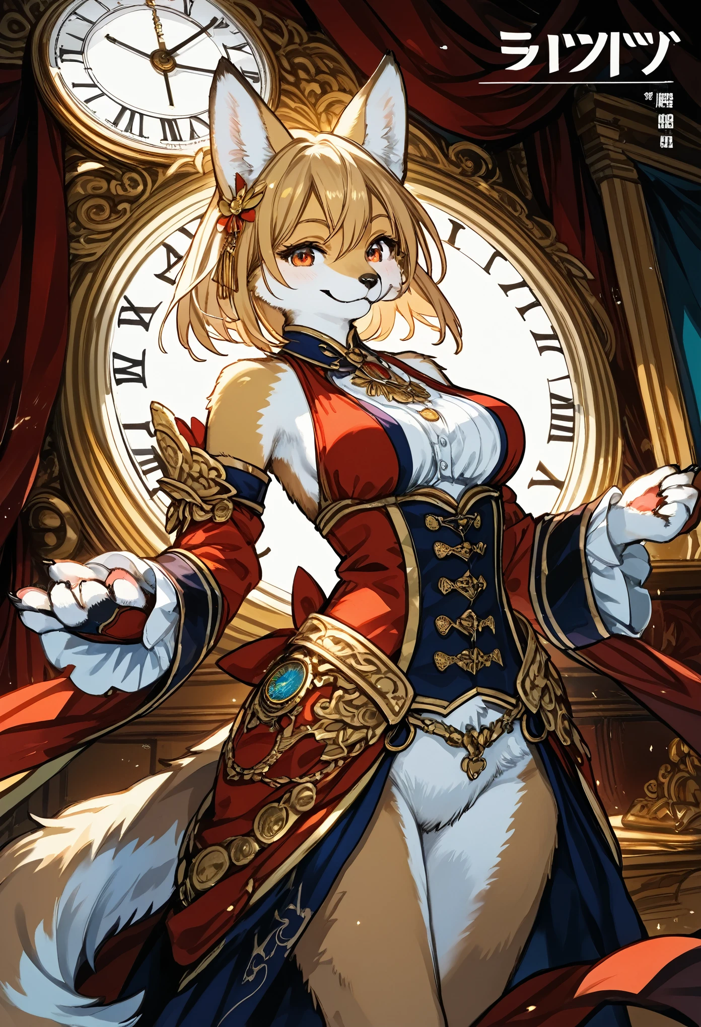 cover page, highres, top quality, best quality, paid reward available, unparalleled masterpiece, perfect artwork, absurdres, High-quality illustrations, super high resolution, detailed background, perfect anatomy(1girl, kemono, furry anthro, fearless smile, reach for the clock) in room with clock, fantasy artwork, cinematic lighting, Backlight,