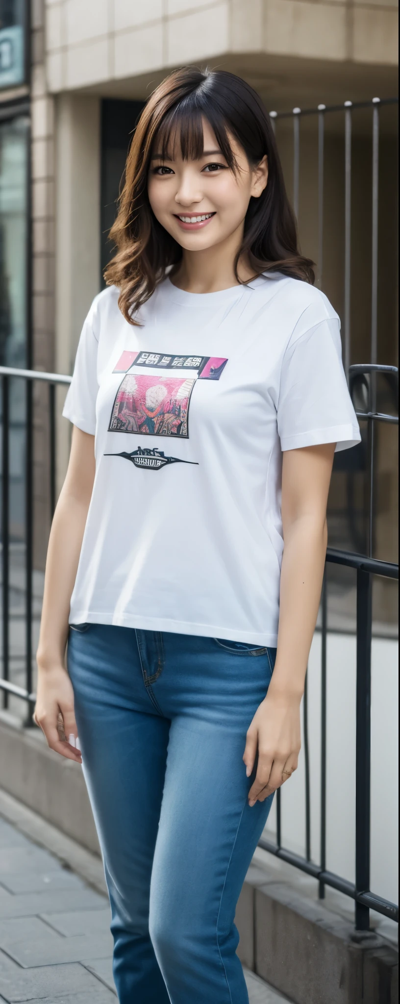 masuterpiece, Best Quality, Illustration, Ultra-detailed, finely detail, hight resolution, 8K Wallpaper, Perfect dynamic composition, from front, Beautiful detailed eyes, Medium wavy Hair, wearing t-shirts:1.2, bell-bottom pants, make up:1.1, Random poses, Smile, Omotesando Street Walk, 28 years girl