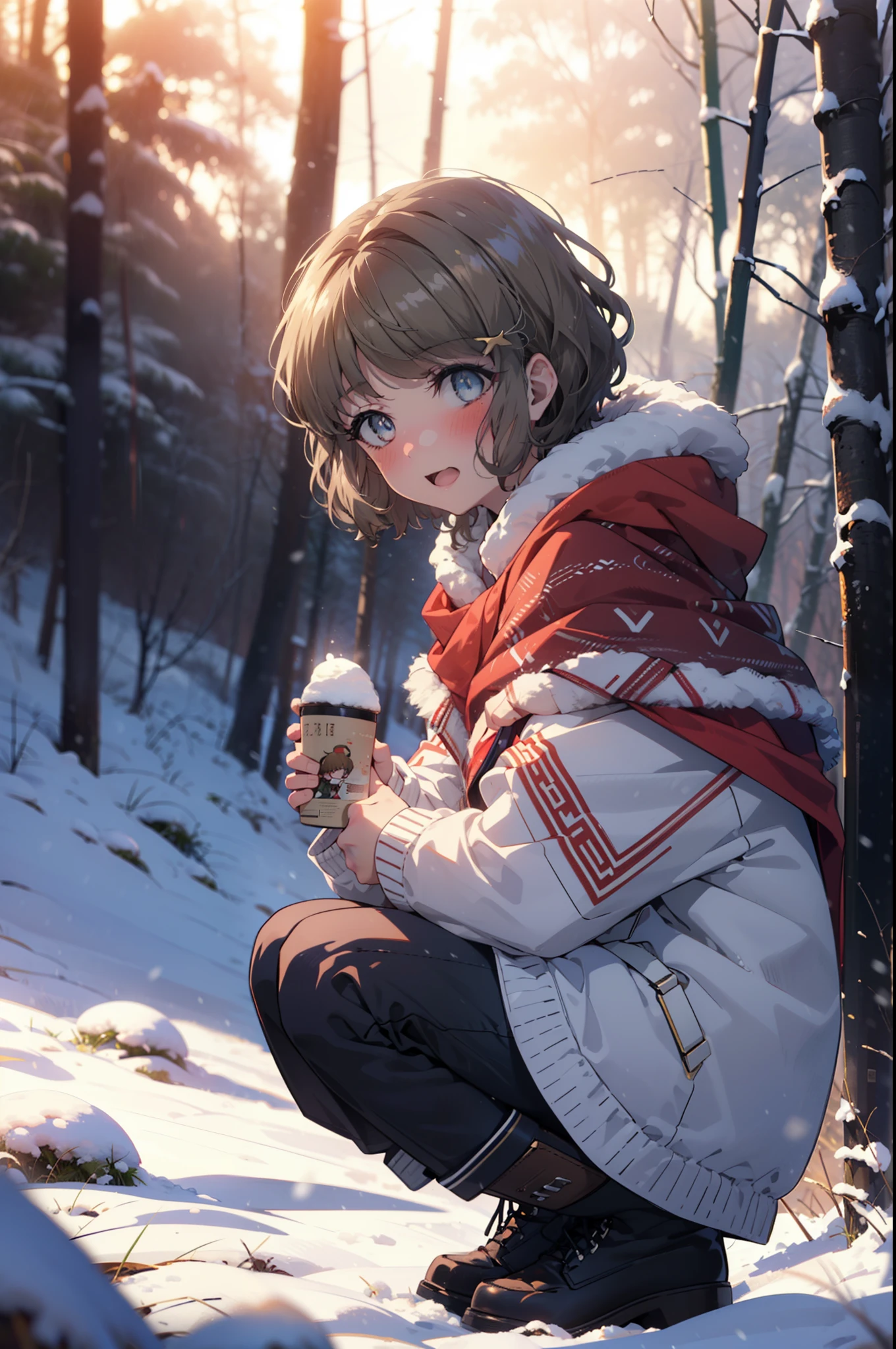 tomoekoga, Chie Koga, short hair, Brown Hair, blue eyes, hair band,smile,blush,White Breath,Mid-chest,
Open your mouth,snow,Ground bonfire, Outdoor, boots, snowing, From the side, wood, suitcase, Cape, Blurred, having meal, forest, White handbag, nature,  Squat, Mouth closed, Cape, winter, Written boundary depth, Black shoes, red Cape break looking at viewer, Upper Body, whole body, break Outdoor, forest, nature, break (masterpiece:1.2), highest quality, High resolution, unity 8k wallpaper, (shape:0.8), (Beautiful and beautiful eyes:1.6), Highly detailed face, Perfect lighting, Extremely detailed CG, (Perfect hands, Perfect Anatomy),