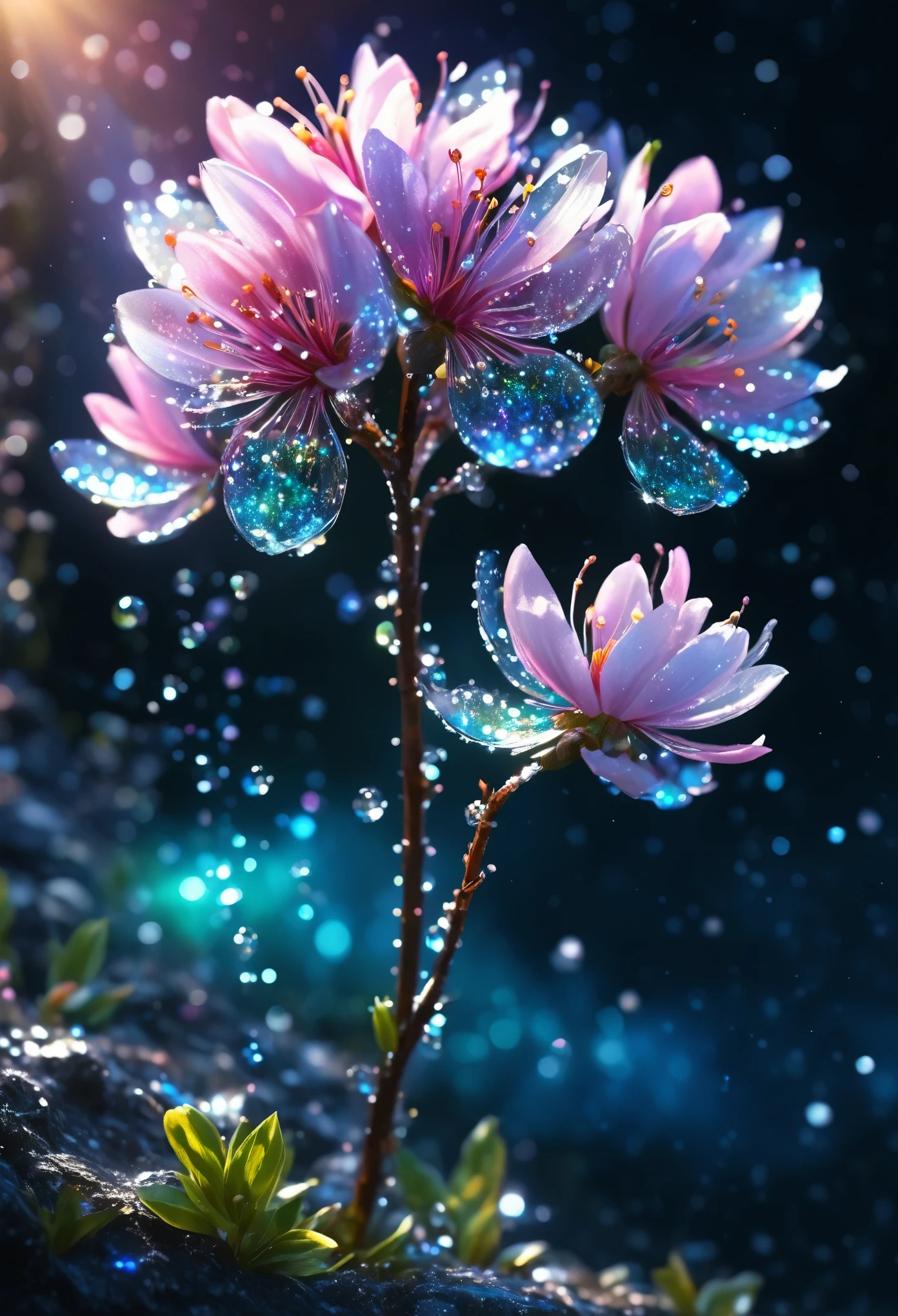 crystal spring blossom,
fantasy, galaxy, transparent, 
shimmering, sparkling, splendid, colorful, 
magical photography, dramatic lighting, photo realism, ultra-detailed, 4k, Depth of field, High-resolution