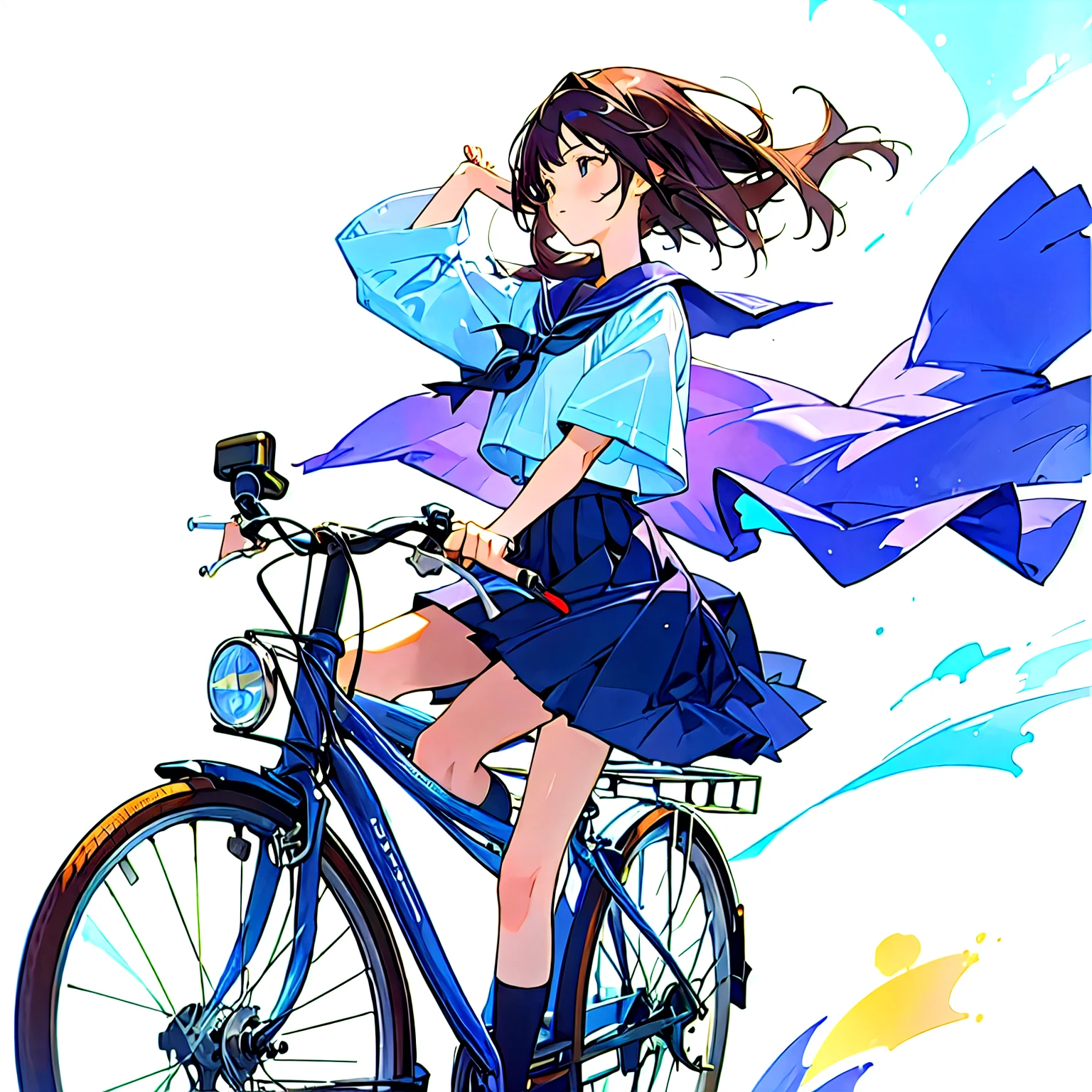 (masterpiece, highest quality:1.2), Reality、One girl riding a bicycle, alone、high school girl、uniform、From the side、Blank background、White background、Watercolor style、