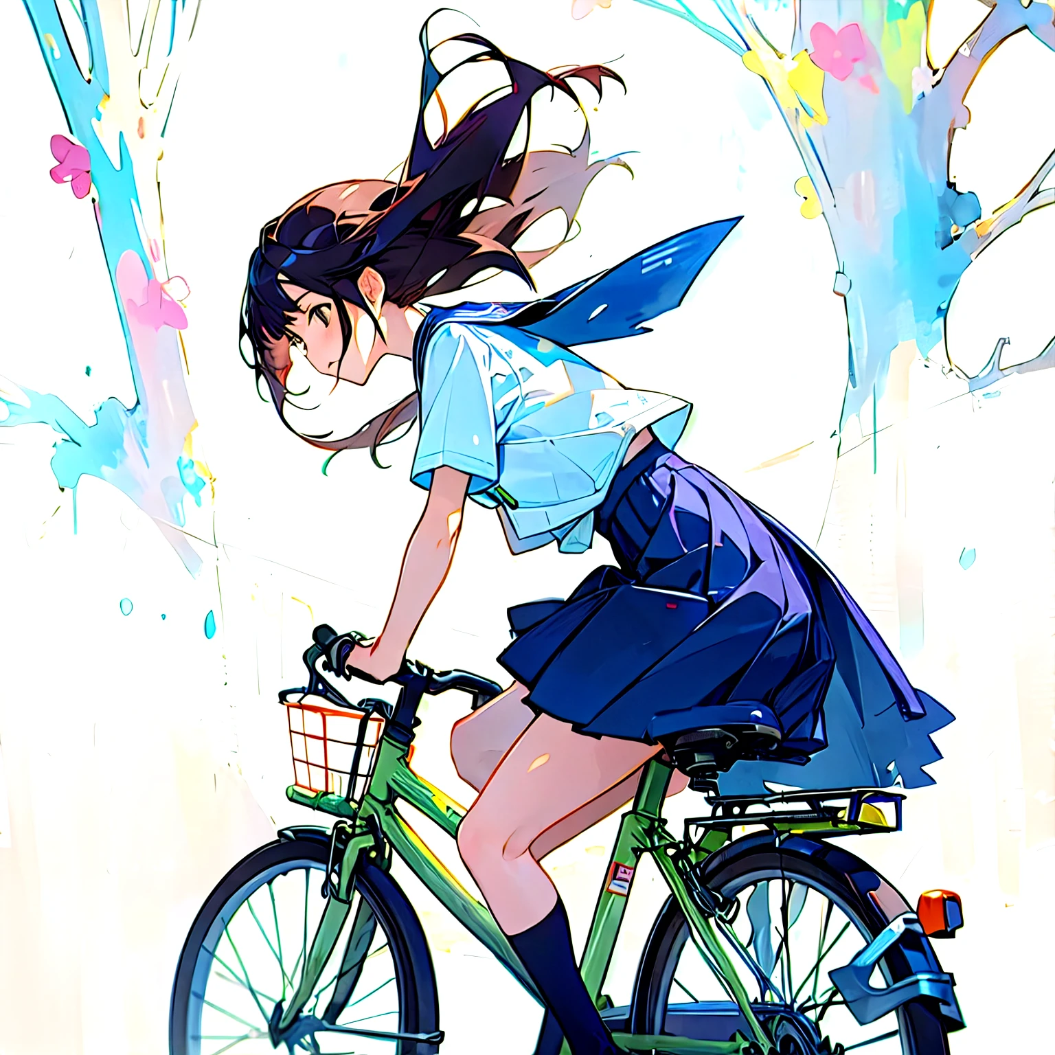 (masterpiece, highest quality:1.2), Reality、One girl riding a bicycle, alone、high school girl、uniform、From the side、Blank background、White background、Watercolor style、