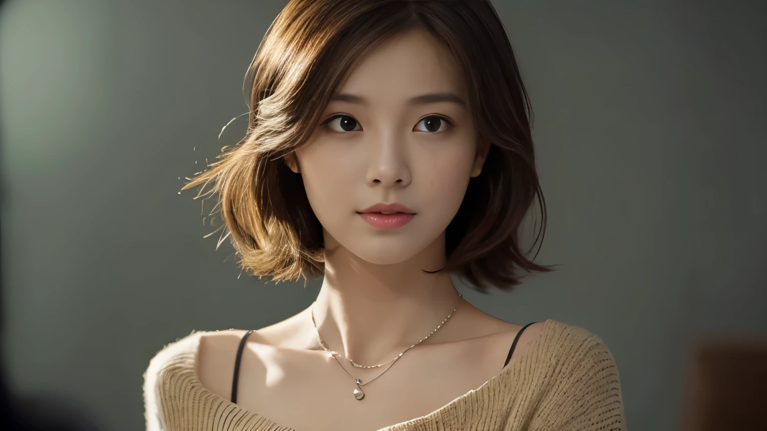 (highest quality、8K、32k、masterpiece、nffsw:1.2)、cute japanese women photos、big and full breasts、very short bobbed hair、Upper body、surface focus、extra large_sweater、necklace、Background of the café、From above、Viewer looking x4、(8K、RAW photo、highest quality、masterpiece:1.2)、(realistic、Photoreal:1.37)、1 girl、cute、professional lighting、photon mapping、Physically based rendering、gradient brunette hair、short curly hair、Handsome、girly、excellent image quality、High resolution、1080p、(clean face)、(Detailed facial description)、(Detailed hand explanation)、(Masseter muscle part)、(Detailed CG)、 extreme light and shadow、hair is dirty、masterpiece、rich details、(exquisite features)、(best image quality)、(masterpiece)、(detailed eye)、looking forward to your eyes、delicate clavicle、Various poses、Don'don't watch the mela、profile、Photographed inside the cafe、Spring clothes、simple necklace、light blue knit
