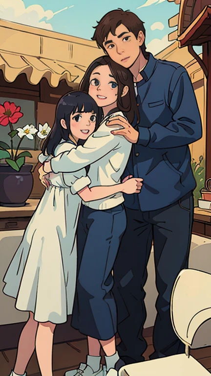 there are three people standing together, one girl have bangs hair, one girl have long hair, hugging, style, very lovely, very happy, the boy have blue eyes, the girls are japonese, the boy is European with brown hair, full head,