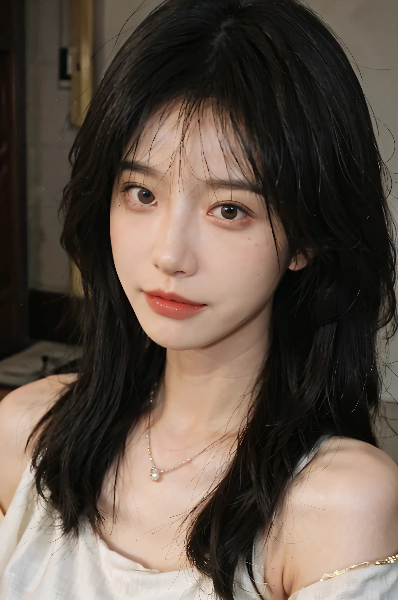 Film Portrait Photography, 1 girl, Bare shoulders,lipstick，（flat chest：1.4）， Shoulder-Length Wavy Hair, Wear a necklace，Mature face，serene, calm, (Realistic and Detailed eyes, Natural skin texture, Realistic facial details), Soft dramatic lighting, Depth of Field, Bokeh, Vivid details, Detailed, Surrealism, 35 mm film, hazy, 