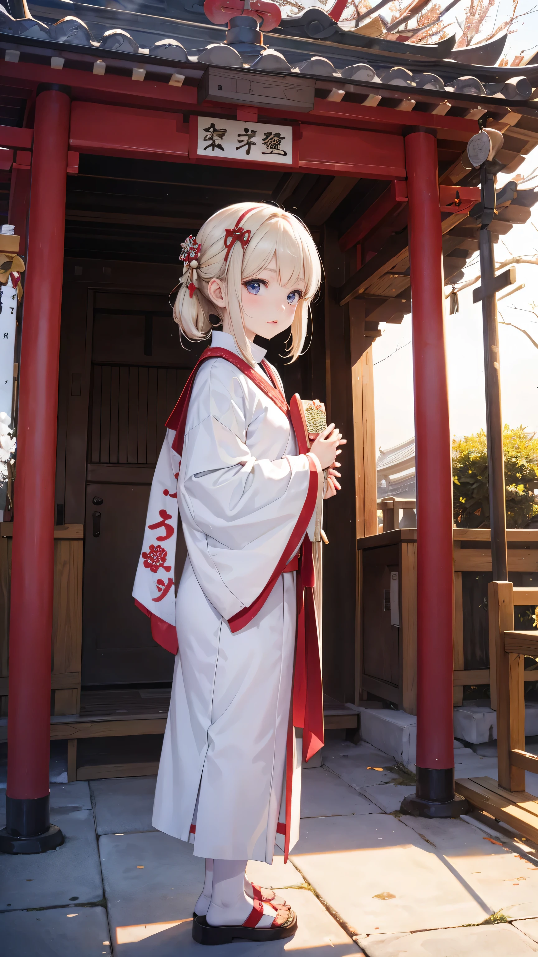 Very cute white-skinned girl, 、Festive attire、New Year、first visit of the year to a shrine、Worship、Praying at the temple、Shot from the side