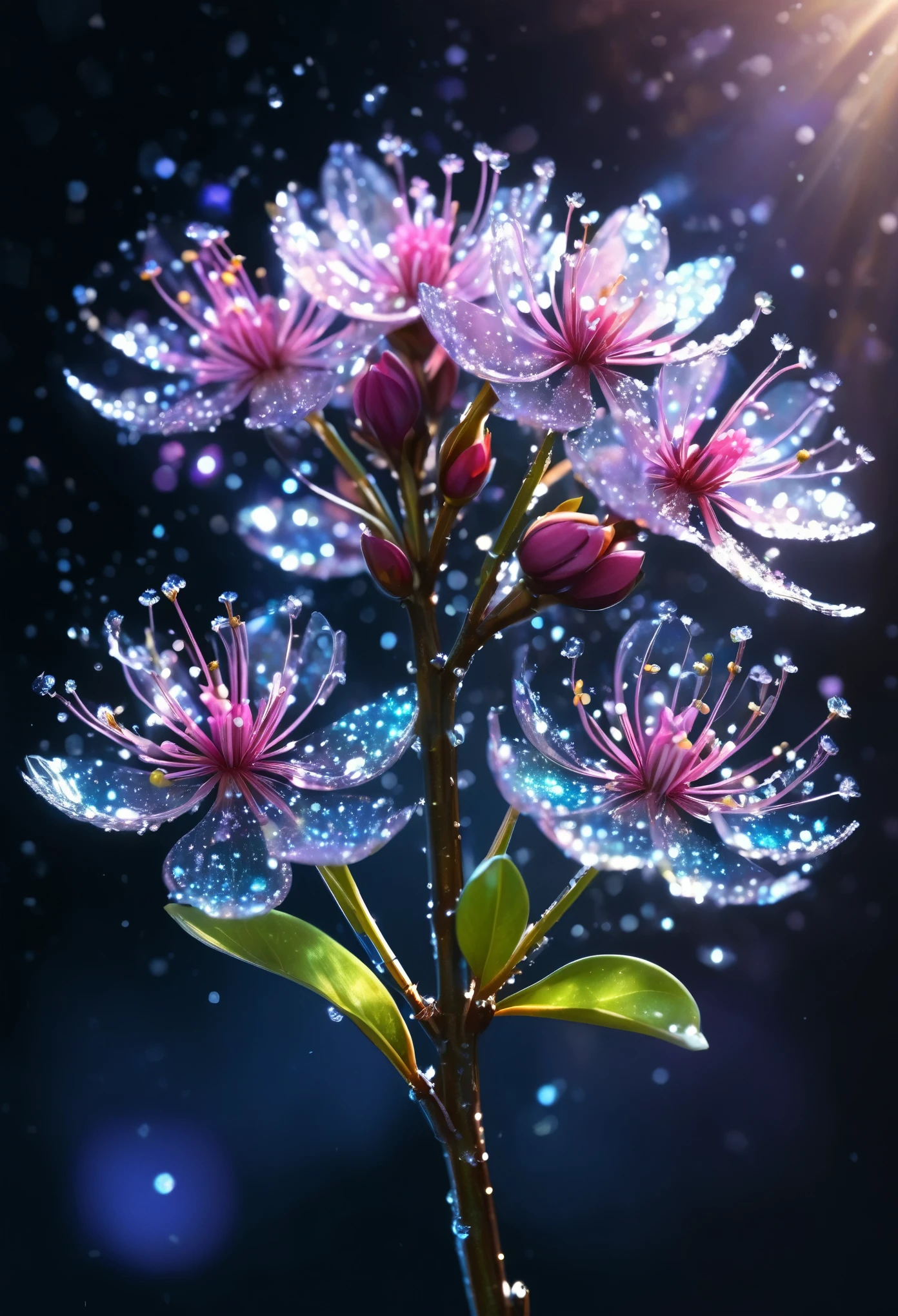 crystal spring blossom,
fantasy, galaxy, transparent,
shimmering, sparkling, splendid, colorful,
magical photography, dramatic lighting, photo realism, ultra-detailed, 4k, Depth of field, High-resolution