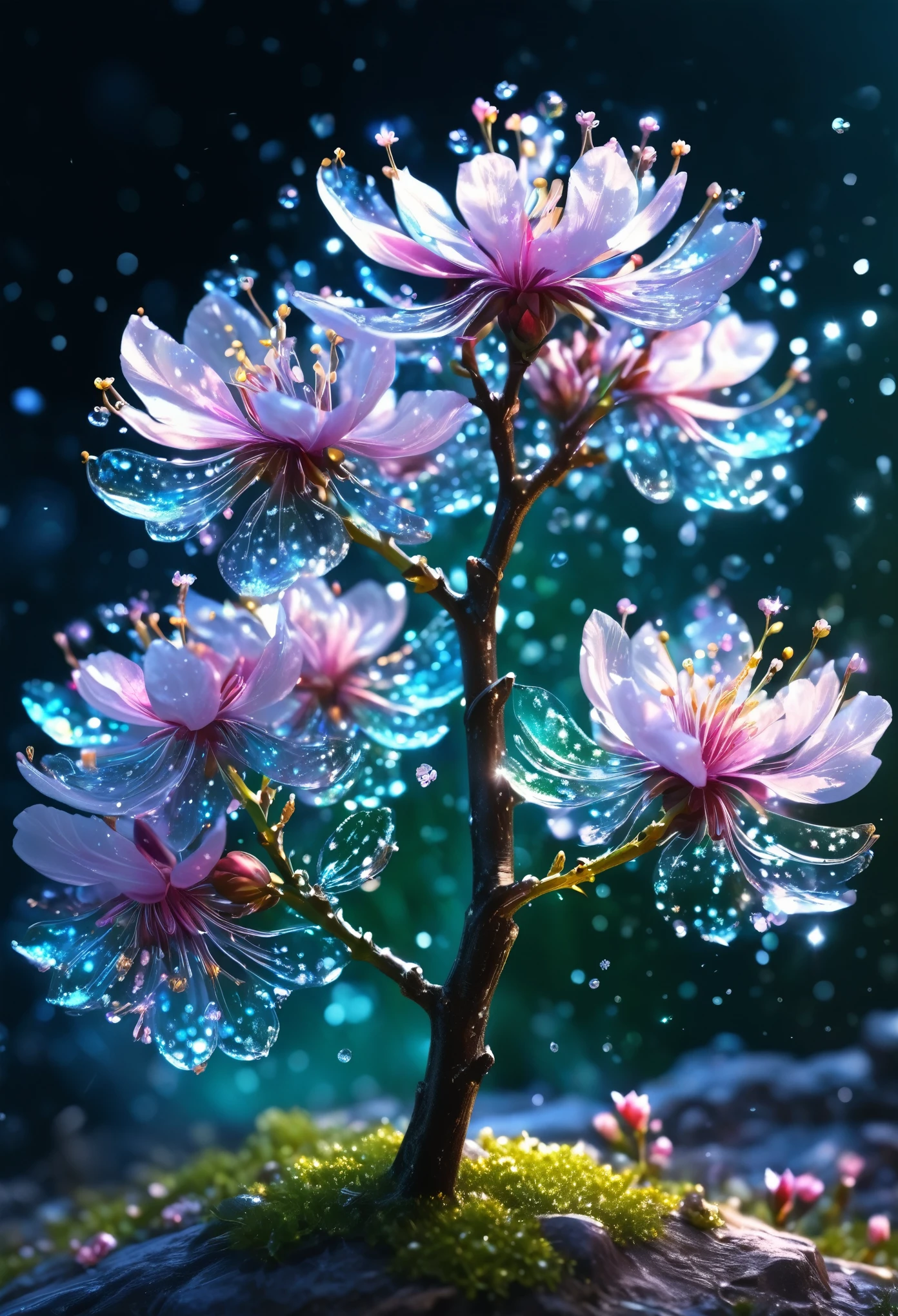 crystal spring blossom,
fantasy, galaxy, transparent,
shimmering, sparkling, splendid, colorful,
magical photography, dramatic lighting, photo realism, ultra-detailed, 4k, Depth of field, High-resolution