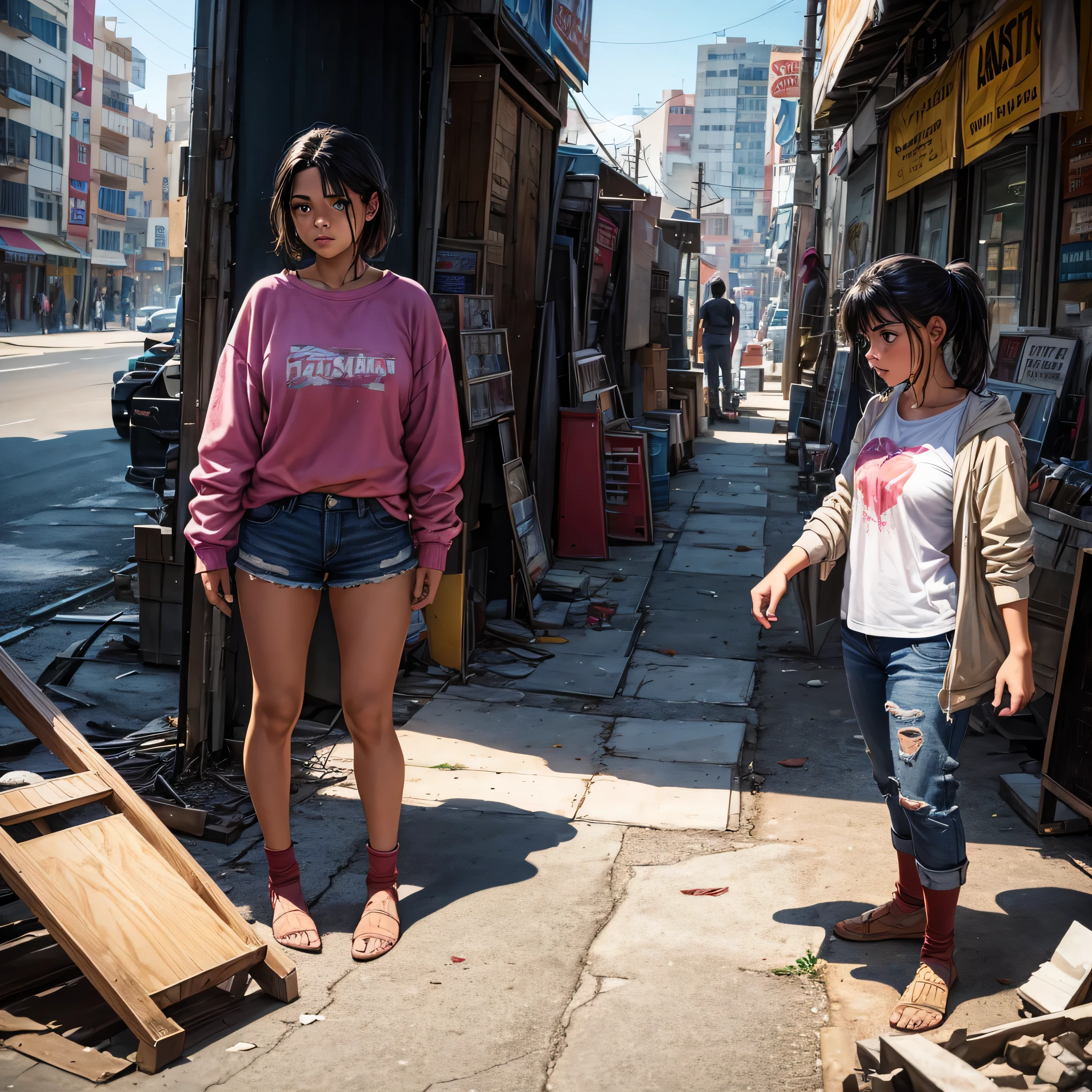Comic book style images, Images of a city in conflict, A long shot of a young, unattractive Latino woman standing, Wearing worn out, dusty clothes, He has socks on but no shoes, ((There's a man peeking from the shadows)), masterpiece, High resolution, Masterpiece