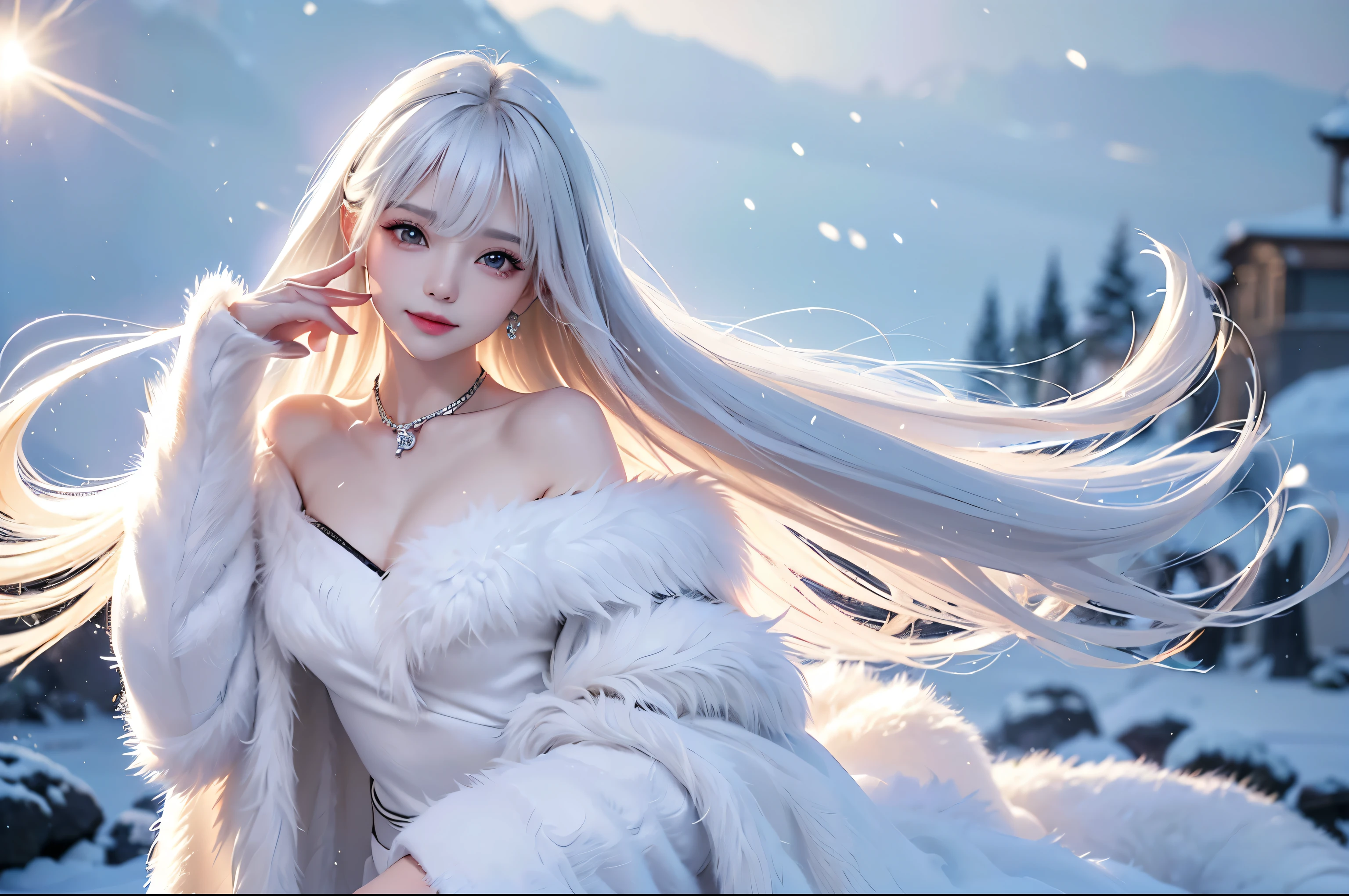 ((masterpiece:1.5、8k、Tabletop、Photorealistic and very detailed CG、Very detailed、Particle Effects、Dynamic Effects、Written boundary depth、Cinematic Light、Lens flare、Ray Tracing、Tabletop、Realistic:1.4、超A high resolution:1.2、Realistic、Realistic))((alone、,Woman wearing a fur coat over an off-the-shoulder sweater:1.4、Elegant woman posing:、Detailed face、brightexpression、young, bright, Whiter skin、Ample breasts、Best Looks、Ultimate beauty、White hair with shiny highlights、Bright and shiny hair,、Super long, Silky straight hair、Hair dancing in the wind))(morning、The setting is outdoors in the snow、Crystal of snow)