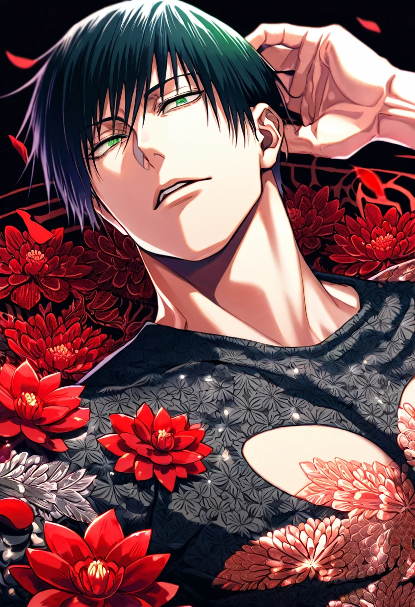 Ultra detailed, HDR, Highres, absurdres, master piece, Fushiguro Touji, black straight hair, expressive green eyes, Jujutsu Kaisen, patterns, black clothes, red petals, red ice flowers, sexy man, solo, extremely detailed face and eyes, handsome, glittering, red glass, toned chest,