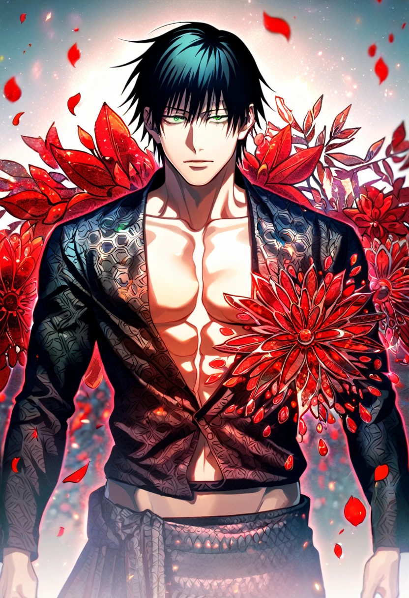 (absurdres, highres, ultra detailed, HDR) master piece, best quality, delicate features, Fushiguro Touji, straight black hair, expressive green eyes, Jujutsu Kaisen, solo, sexy man, handsome, showing the chest, black kimono with accessories, patterns, red spider lilies, red butterflies, magical moon, magical fantasy, water, glittering, sparkling