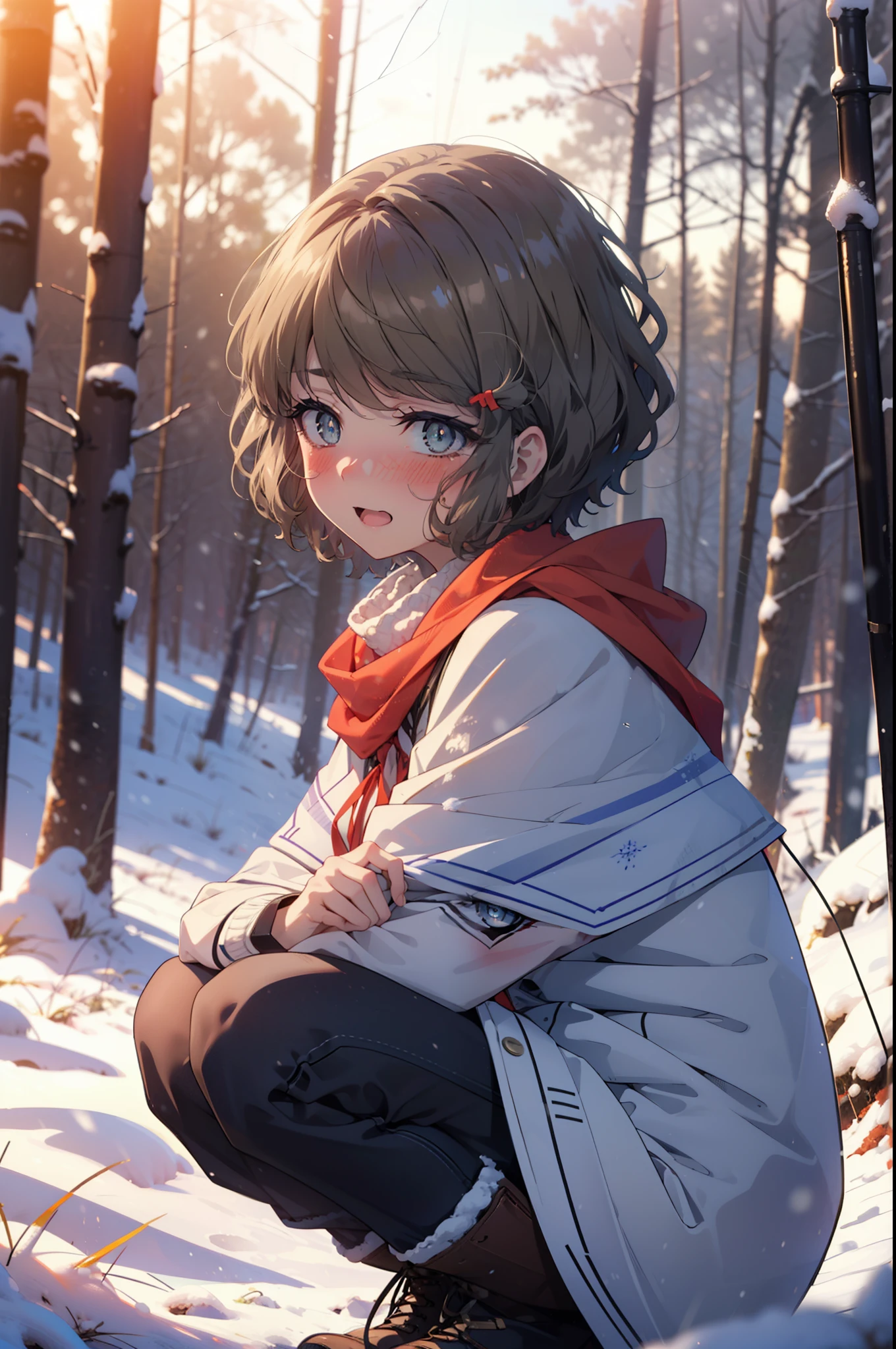 tomoekoga, Chie Koga, short hair, Brown Hair, blue eyes, hair band,smile,blush,White Breath,Mid-chest,
Open your mouth,snow,Ground bonfire, Outdoor, boots, snowing, From the side, wood, suitcase, Cape, Blurred, having meal, forest, White handbag, nature,  Squat, Mouth closed, Cape, winter, Written boundary depth, Black shoes, red Cape break looking at viewer, Upper Body, whole body, break Outdoor, forest, nature, break (masterpiece:1.2), highest quality, High resolution, unity 8k wallpaper, (shape:0.8), (Beautiful and beautiful eyes:1.6), Highly detailed face, Perfect lighting, Extremely detailed CG, (Perfect hands, Perfect Anatomy),