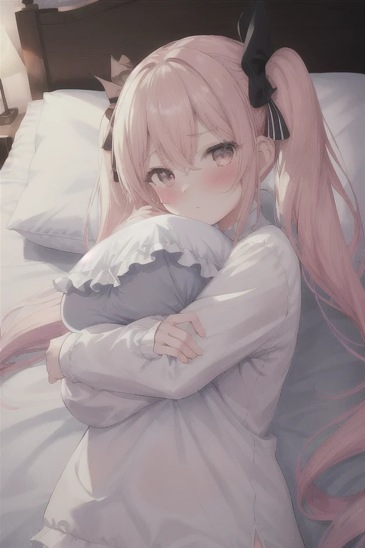 masterpiece, best quality,ultra detail,1girl, ,dutch angle,side tai panty,Big Breasts,night,indoor,on bed,lying,bedroom, upper body,blanket, yes-pillow,embarrassing,pillow hug,blush,twintail hair