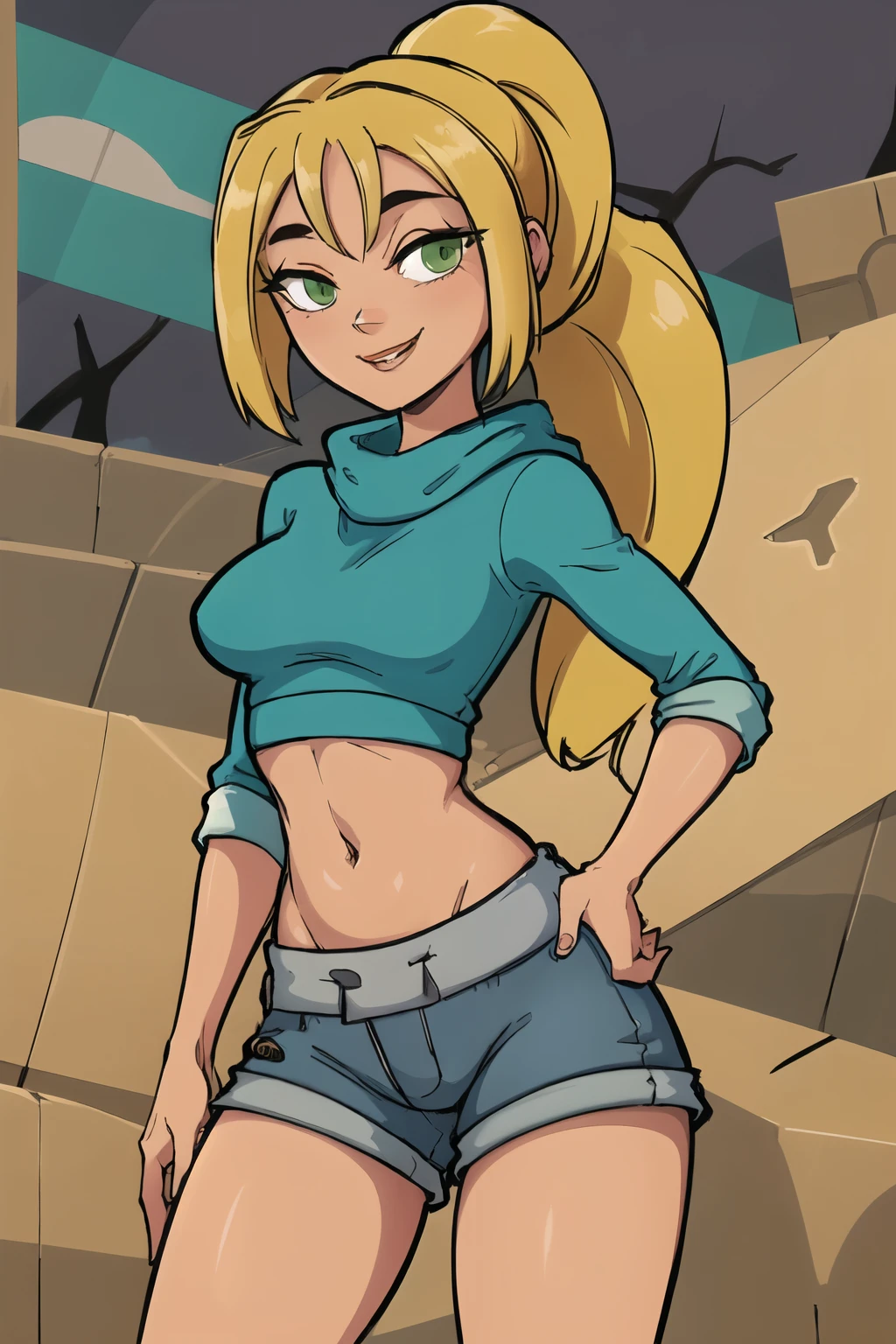 ((masterpiece,best quality)), absurdres, Zoey_Total_Drama, solo, smiling, looking at viewer, cowboy shot, cinematic composition, contrapposto, green eyes, ponytail, crop top sweater, shorts, thighs