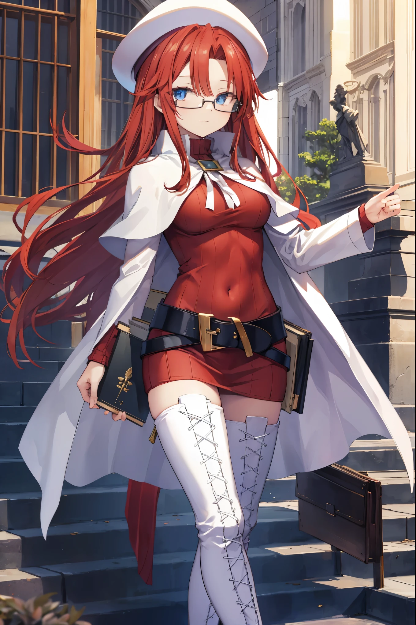 Anime girl in red outfit and white hat walking down steps - SeaArt AI