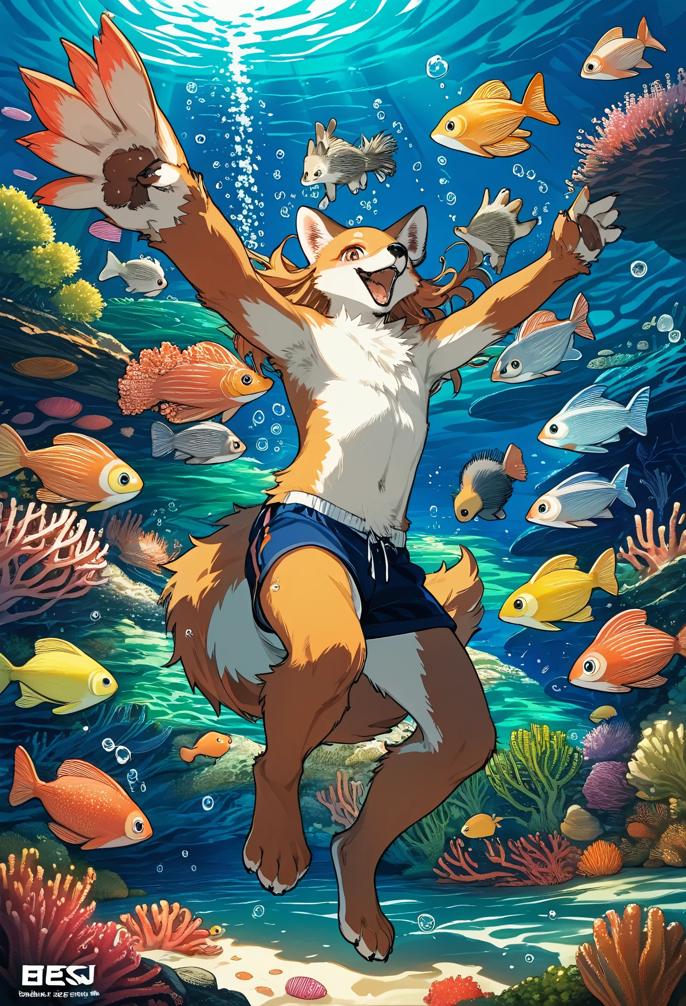 cover_page, High resolution, highest quality, highest quality, Paid reward available, High-quality illustrations, An unparalleled masterpiece, Perfect artwork, Absurd, 超High resolution, Detailed Background, seabed, Coral Reef, bubble, boy, girl, Happy, Joyful(kemono, Furry Personification),Castration surgery,